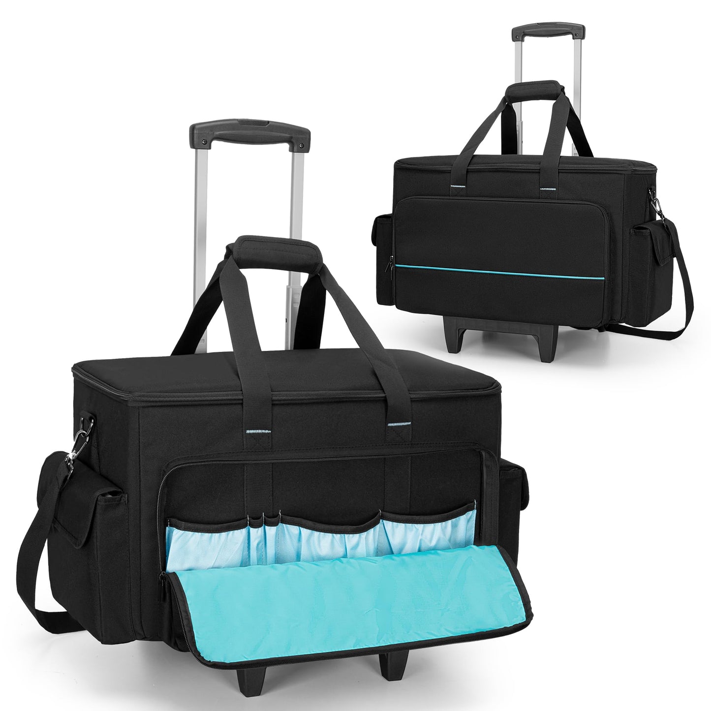 HODRANT Large Rolling DJ Cable Bag, Padded Gig Bag with Detachable Trolley & Divider, Music Gear Case with Multi Pockets for 15.6" Laptop, DJ Gear, Musical Instrument, Sound Equipment Storage