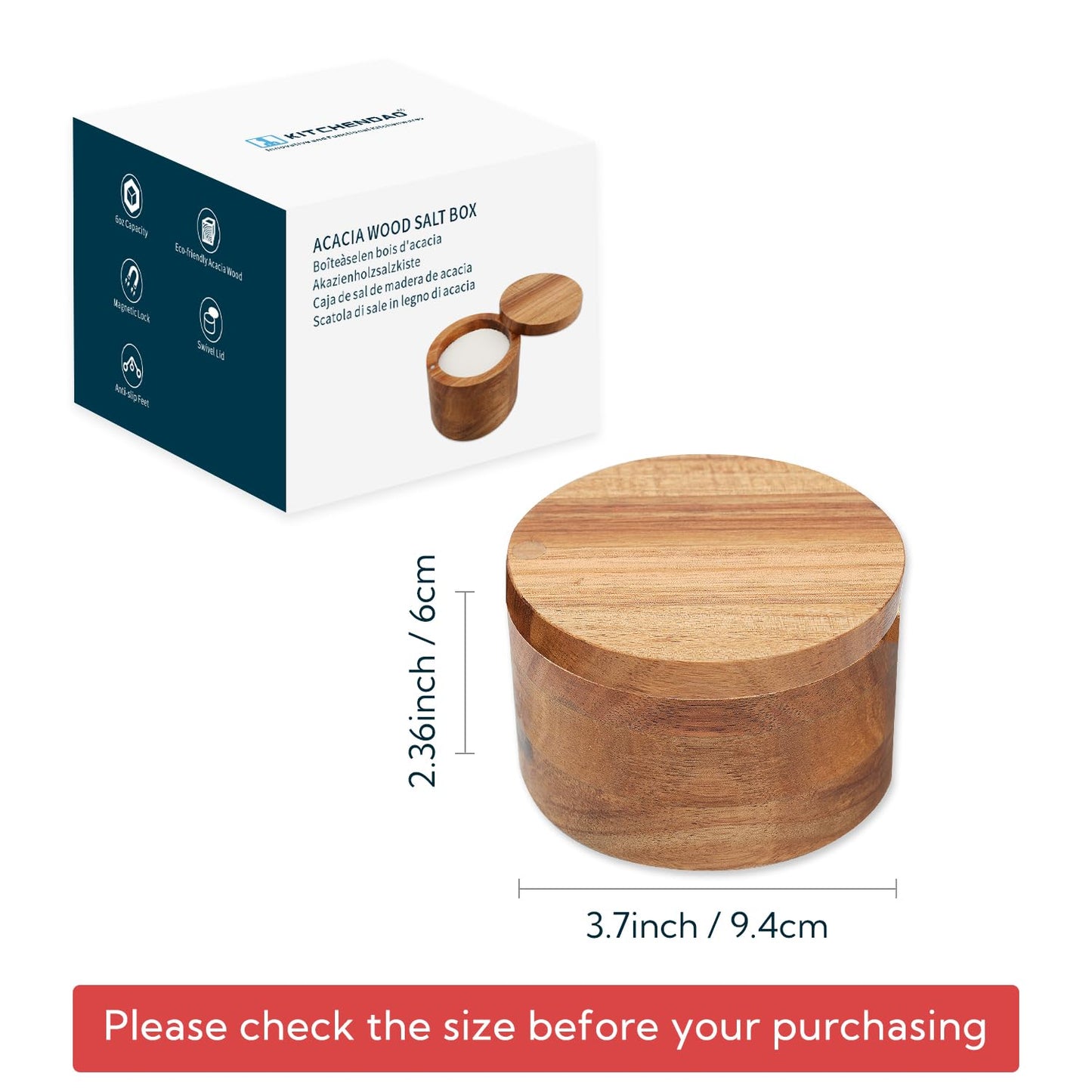 KITCHENDAO Acacia Wood Salt Cellar Bowl Box, Elegant Kitchen Salt Container Holder with Swivel Magnetic Lid to Store Pepper Spice Bath Salt Sea Salt Herbs or Favorite Seasonings, 6oz