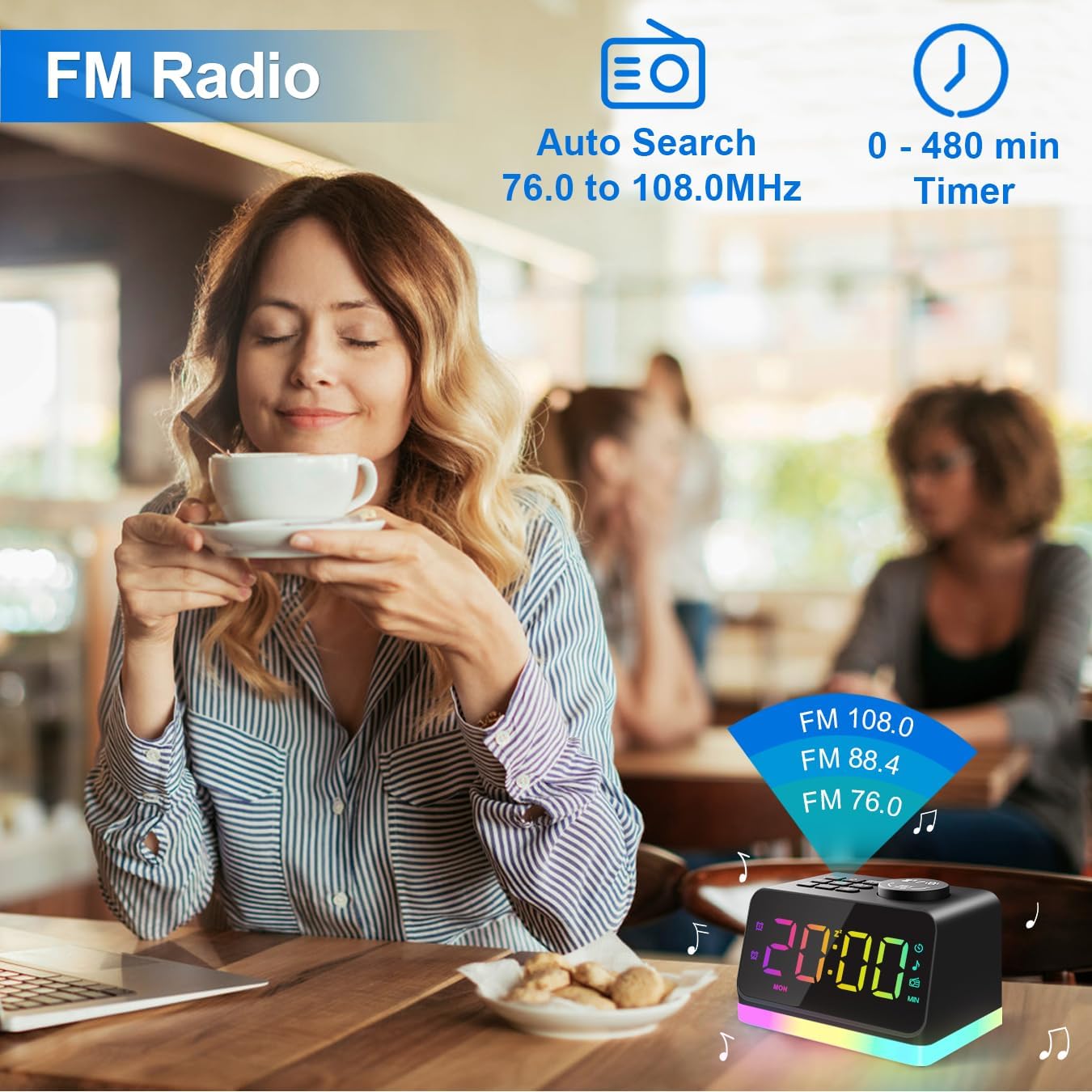 Modern Digital Alarm Clock with FM Radio, Alarm Clocks for Bedrooms with 2 Charging Port, Sleep Sound Machines with Timer, Dual Alarm, Loud Alarm and Easy to Use for Seniors and Kids as Gift