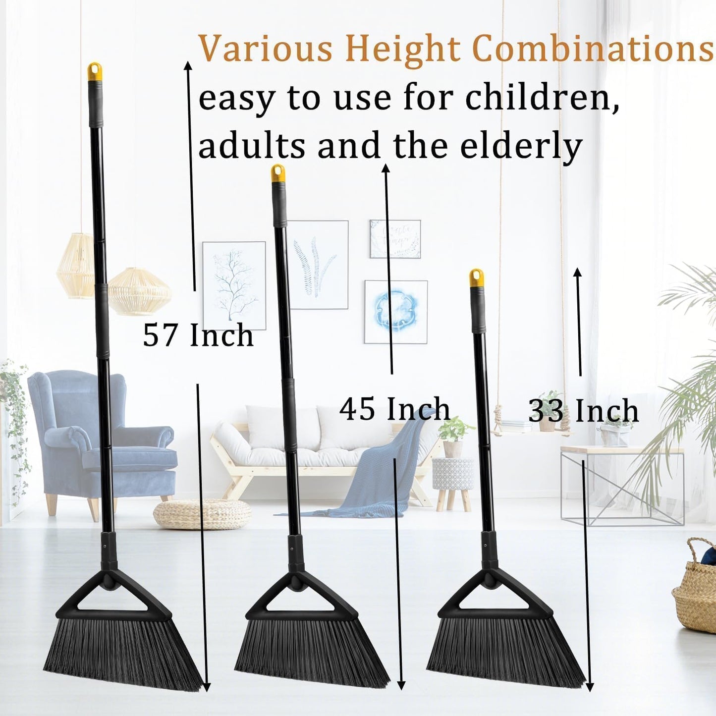 2PCS Heavy Duty Broom, Brooms for Sweeeping Indoor, Angle Broom with Long Pole, Outdoor Broom for Courtyard Garages Slidewalk, Indoor Broom for Kitchen Lobby Canteen, Black (2Black)