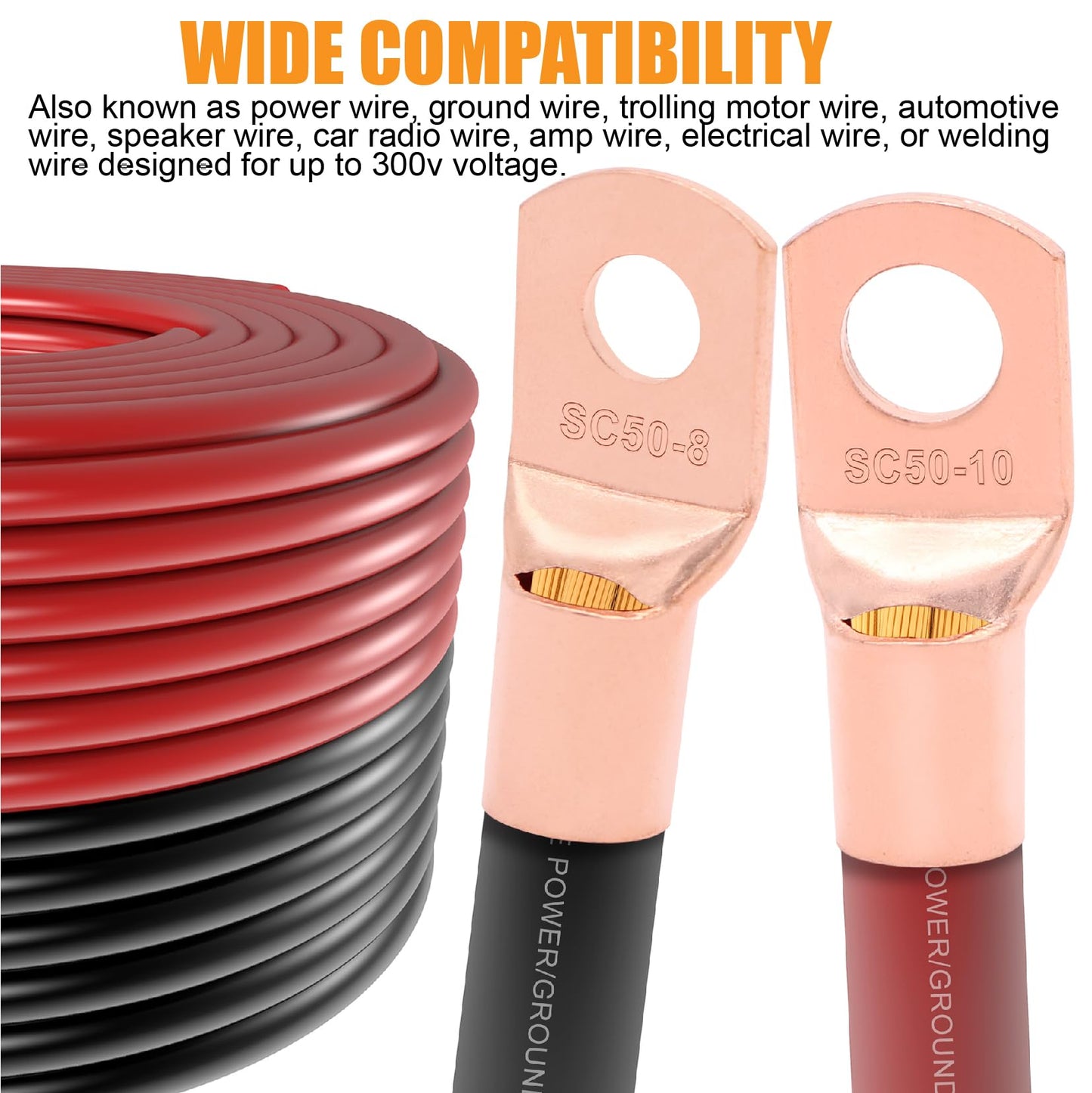 AWG 1/0 Gauge Wire (20 Feet Black+20 Feet Red) Copper Clad Aluminum CCA - Primary Automotive Wire Power/Ground, Lugs Terminal Connectors,20PCS Heat Shrink Tubing