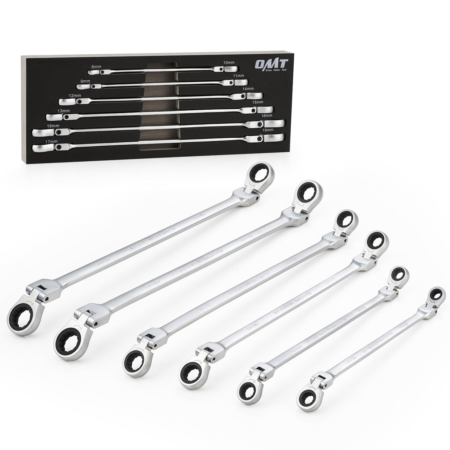 Orion Motor Tech Flex-Head Extra Long Gear Ratcheting Box End Wrench 6 Set, Metric XL Extended Long Handle, 9-5/8" to 16-1/2" Length, 8mm 10mm 12mm 13mm 14mm 15mm 16mm 17mm 18mm 19mm - 6pcs & 12 Sizes