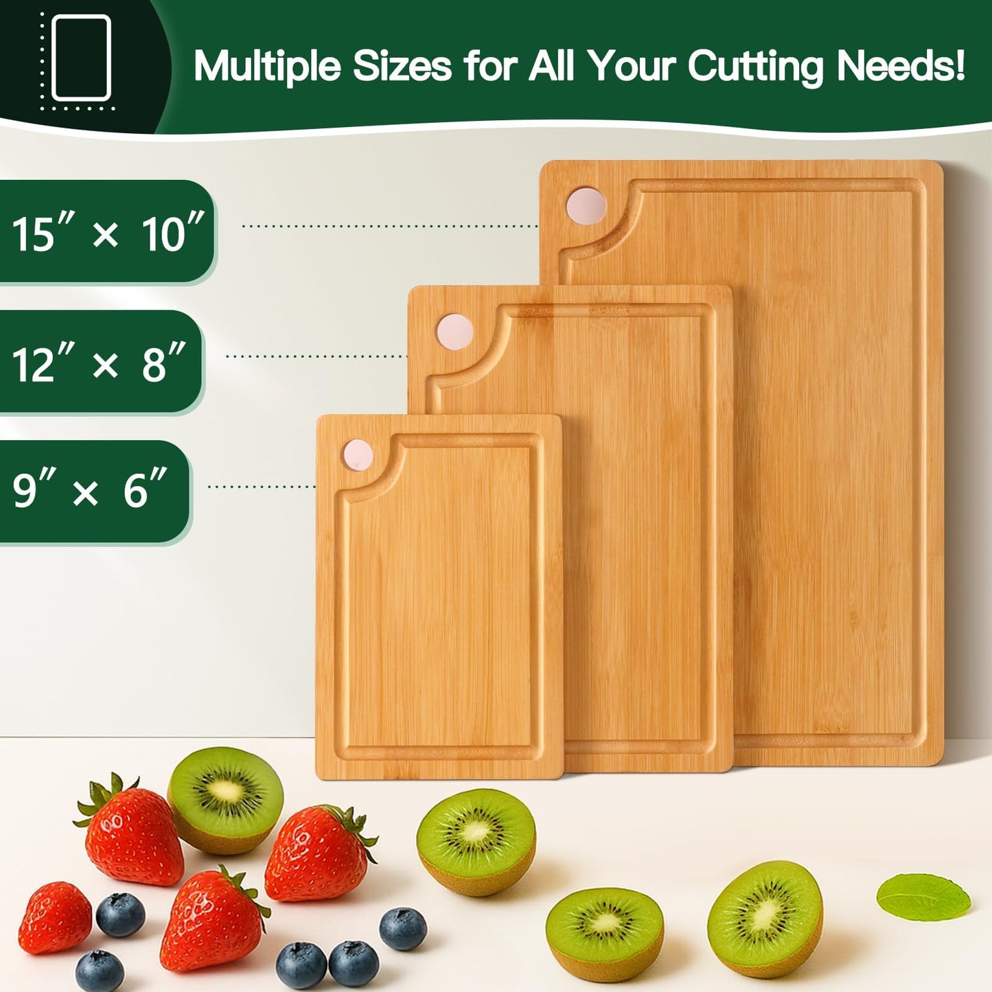 Bamboo Cutting Board [Set of 3], Wooden Cutting Boards for Kitchen, Wood Cutting Boards with Deep Juice Groove & Side Handles,Charcuterie Board for Meat, Ideal for Meal Prep and Chopping