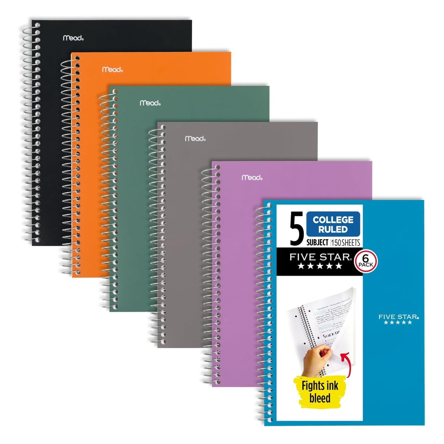 Five Star Spiral Notebooks, 6 Pack, 5 Subject, College Ruled, 9 1/2" x 6", 150 Sheets, Amethyst Purple, Sedona Orange, Seaglass Green, Tidewater Blue, Gray and Black (840030A-ECM)