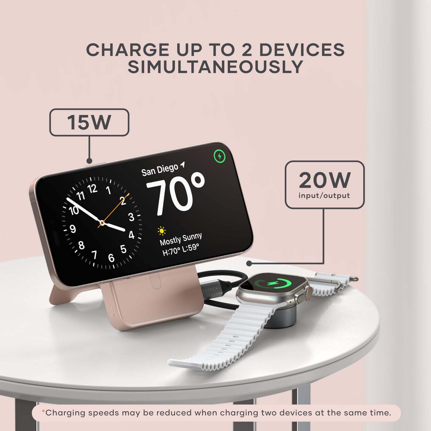 Satechi OntheGo Power Bank, Qi2 Power Bank 10000mAh, 15W Fast Charging, Portable Battery Pack with Stand for iPhone 17 to 12 Series, Android – Desert Rose