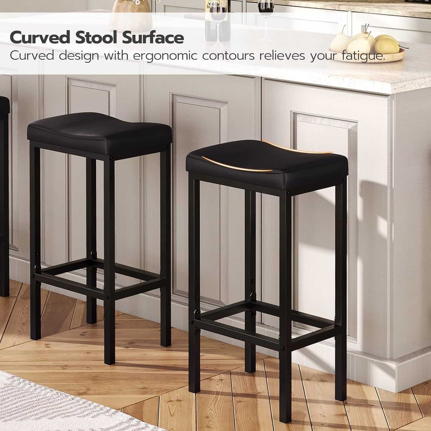 HOOBRO Bar Stools, Set of 2 Bar Chairs, Counter Height Stools, Saddle Stools with Curved Surface, Kitchen Stools, 63 cm, 6 cm Thick Upholstery, for Kitchen, Dining Room, Cafe Black BB10BY01