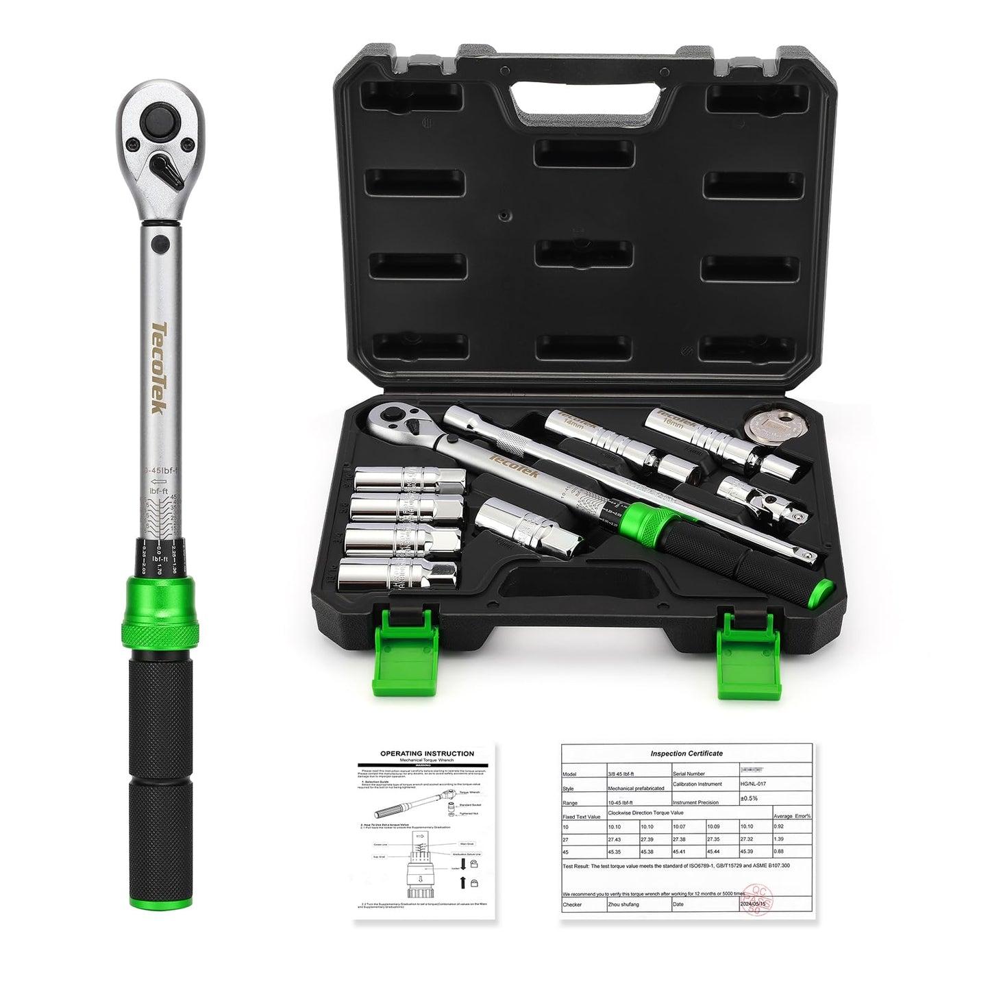 TecoTek 11Pcs 3/8" Drive Spark Plug Socket Set with Click Torque Wrench, Spark Plug Gapper, Universal Joint, Extension Bar, 9/16", 5/8", 3/4", 13/16", 14, 16 and 18mm, CR-V Sockets with Rubber Rings