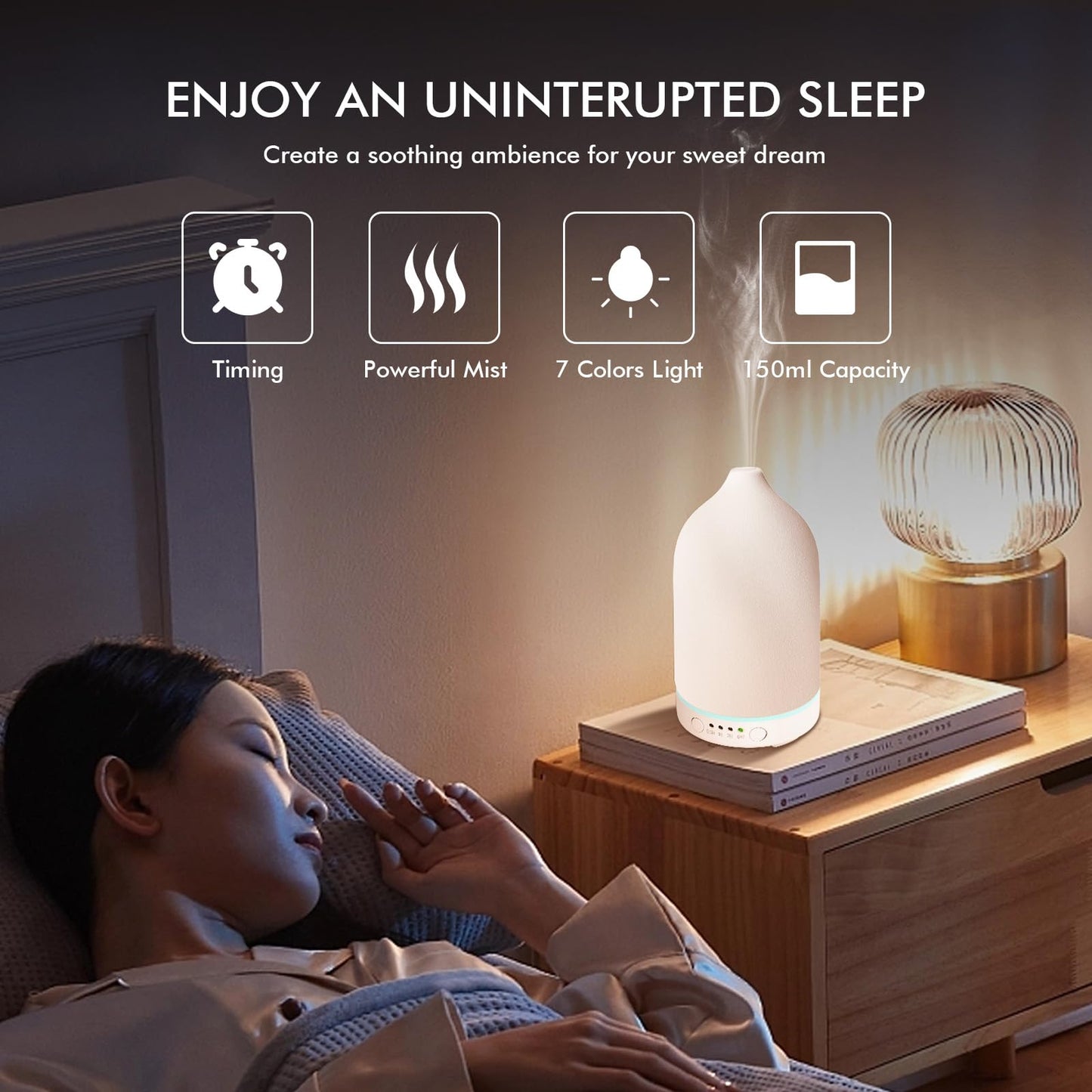 Essential Oil Diffuser Ultrasonic Aromatherapy Diffuser 150ml Ceramic Stone Aroma Diffuser with 7 Colors LED Night Light 4 Timer Setting and Auto Shut Off Protection for Home Office Yoga SPA