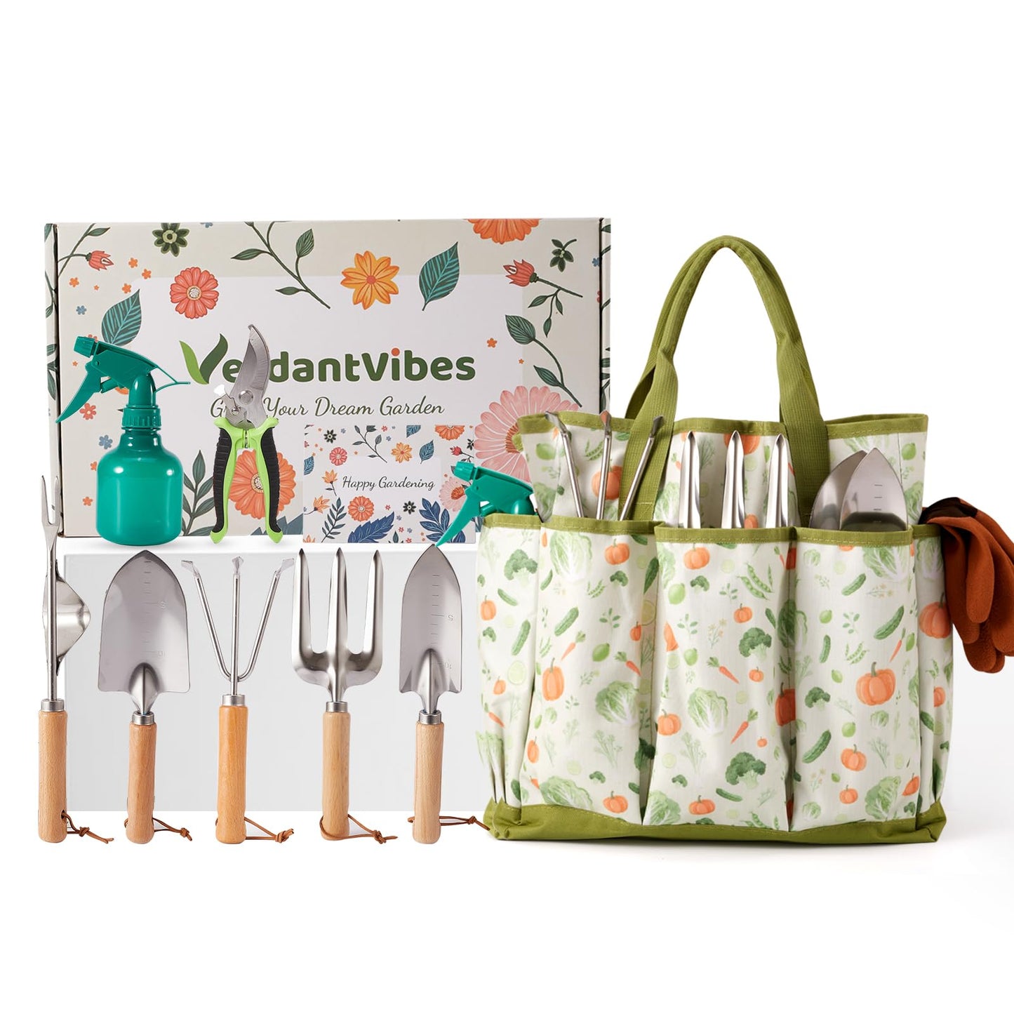VerdantVibes 10-Piece Garden Tool Set - Heavy Duty Stainless Steel Gardening Kit with Wood Handle, Pruners & Vegetable Print Tote Bag - Unique Gardening Gifts for Women Mom Grandma