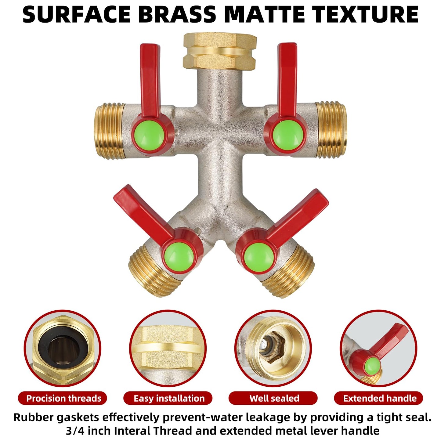 DINGBAI 4 Way Hose Splitter. High Flow, 3/4” GHT Inlet Brass Heavy Duty Hose Converter, 4 Way Garden Hose Splitters, Long Handle Hose Y-Valve Faucet Converter with Threaded Pipe Swivel.