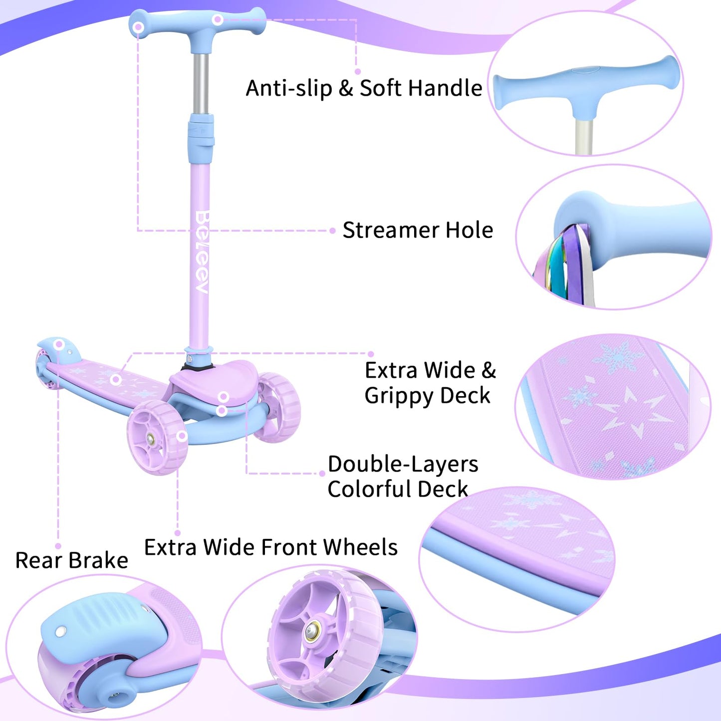 BELEEV A8 Scooter for Kids Ages 3-12, 3 Wheel Folding Scooter for Toddlers Girls & Boys with LED Light Up Wheels, 4 Adjustable Height, Extra Wide Deck, Lightweight Kick Scooter for Children (Purple)