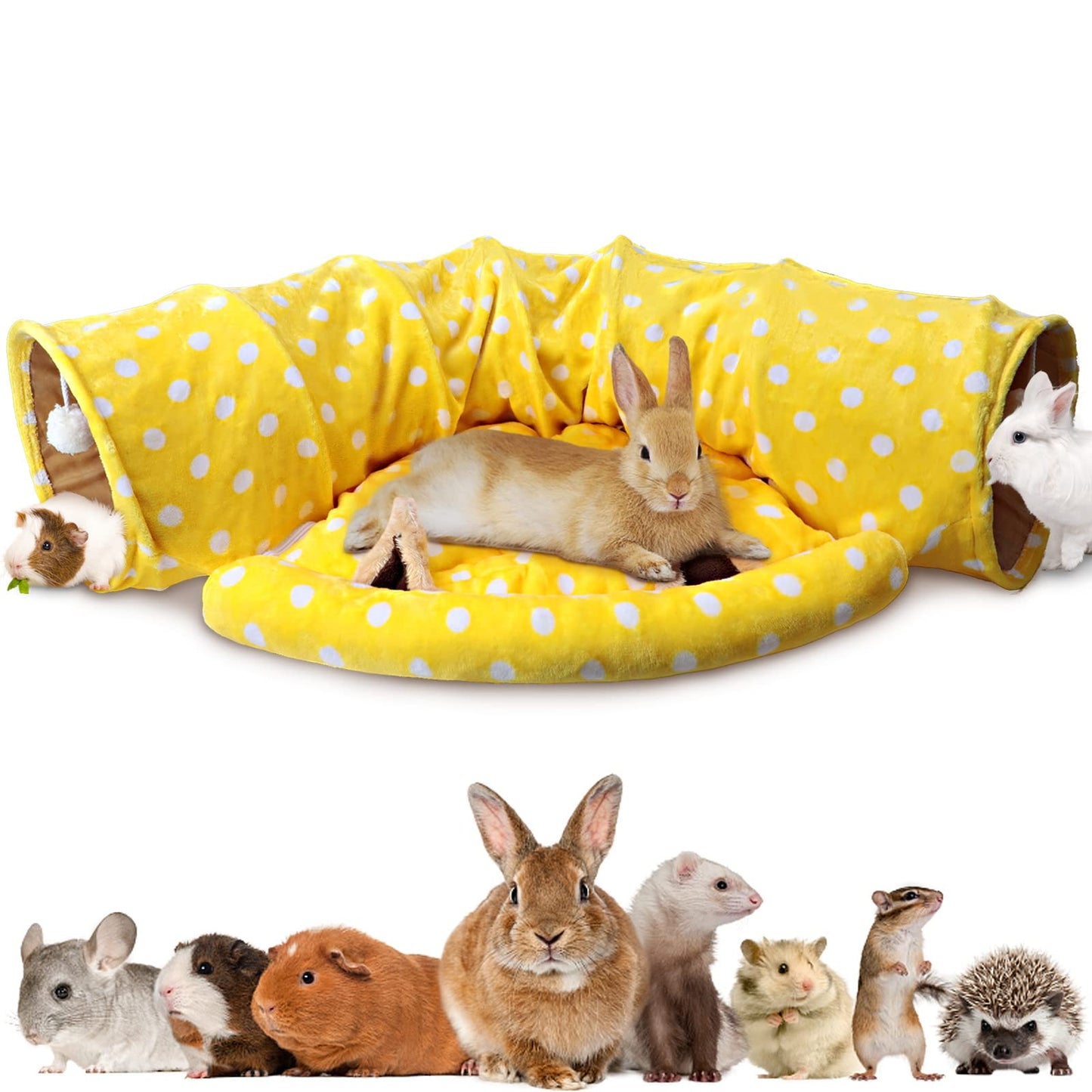 BWOGUE Bunny Tunnel Bed, 2-in-1 Collapsible Tunnel Tubes Toys with Removable Mat Hideout for Cats Kittens Rabbits Guinea Pigs Kitty