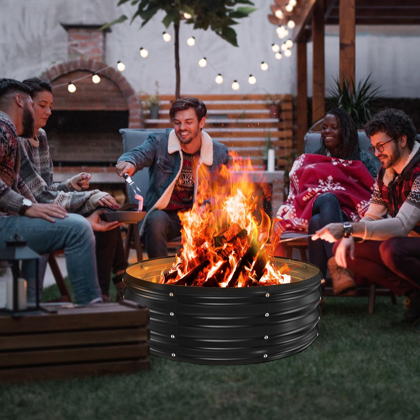 YSEJOMP 36 Inch Round Galvanized Fire Pit Ring/Fire Ring - Foldable and Perfect for Outdoor Gatherings and Campfires in The Yard/Garden/Park/Beach (Black+Gray, 3 FT Diameter+1 FT Tall)