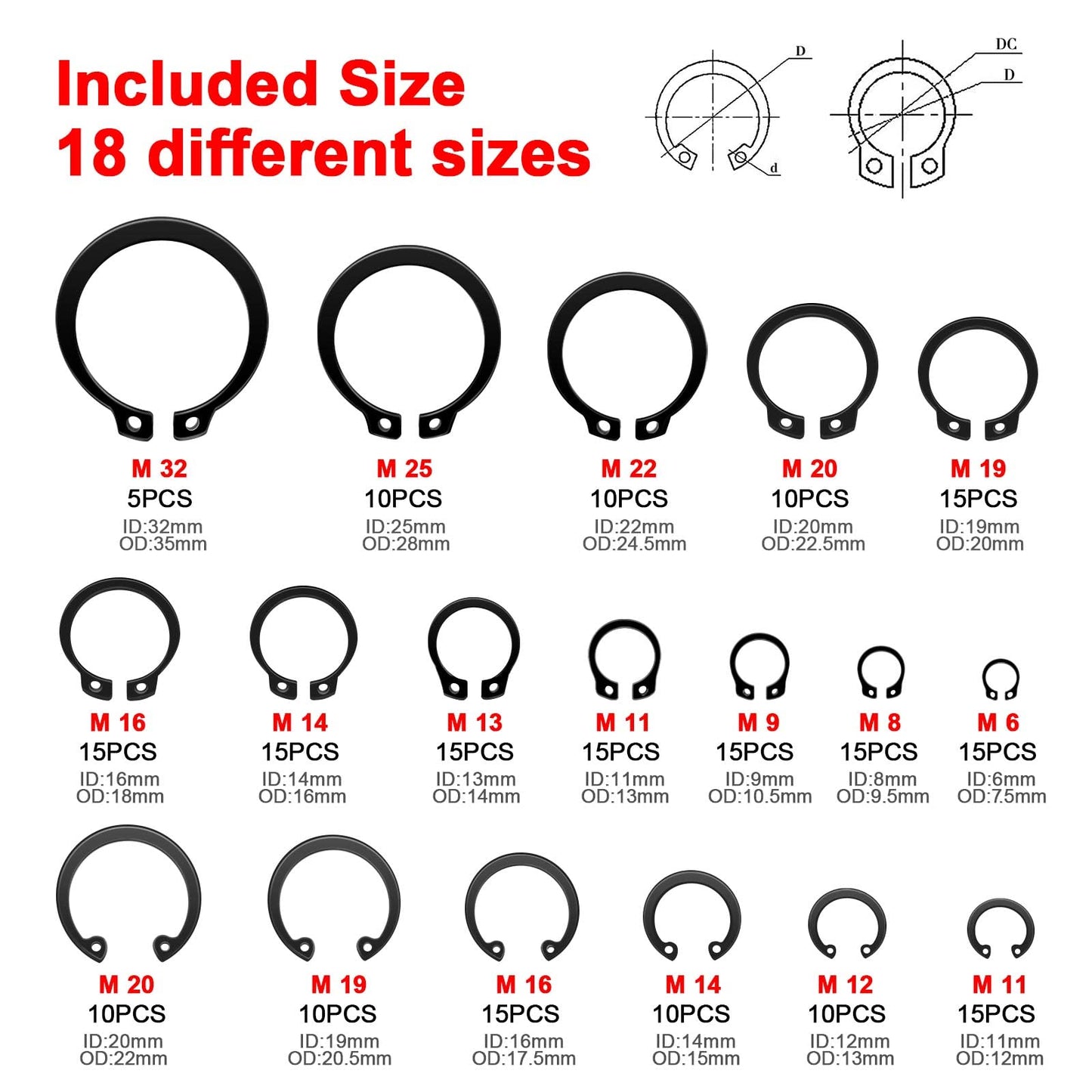 WISEUP Snap Ring Pliers Set With 225pcs Retaining Ring Set, 4PCS-7 inch (Tip Diameter 1/20") Circlip Pliers Kit,Straight/Bent Jaw Pliers Tips C-Clip Pliers for Ring Remover with Storage Pouch