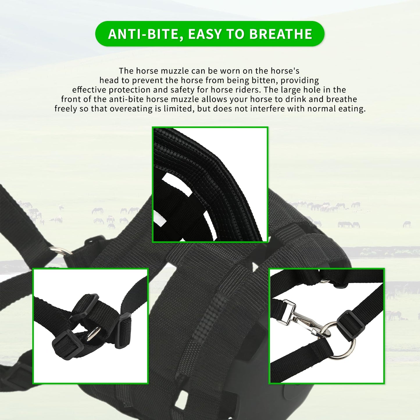 Horse Grazing Muzzle, Easy Breathe Anti Biting Comfortable Wear Horse Mouth Cover, Adjustable Horse Mouth Cover with Large Holes Anti Biting Horse Muzzles for Equestrian