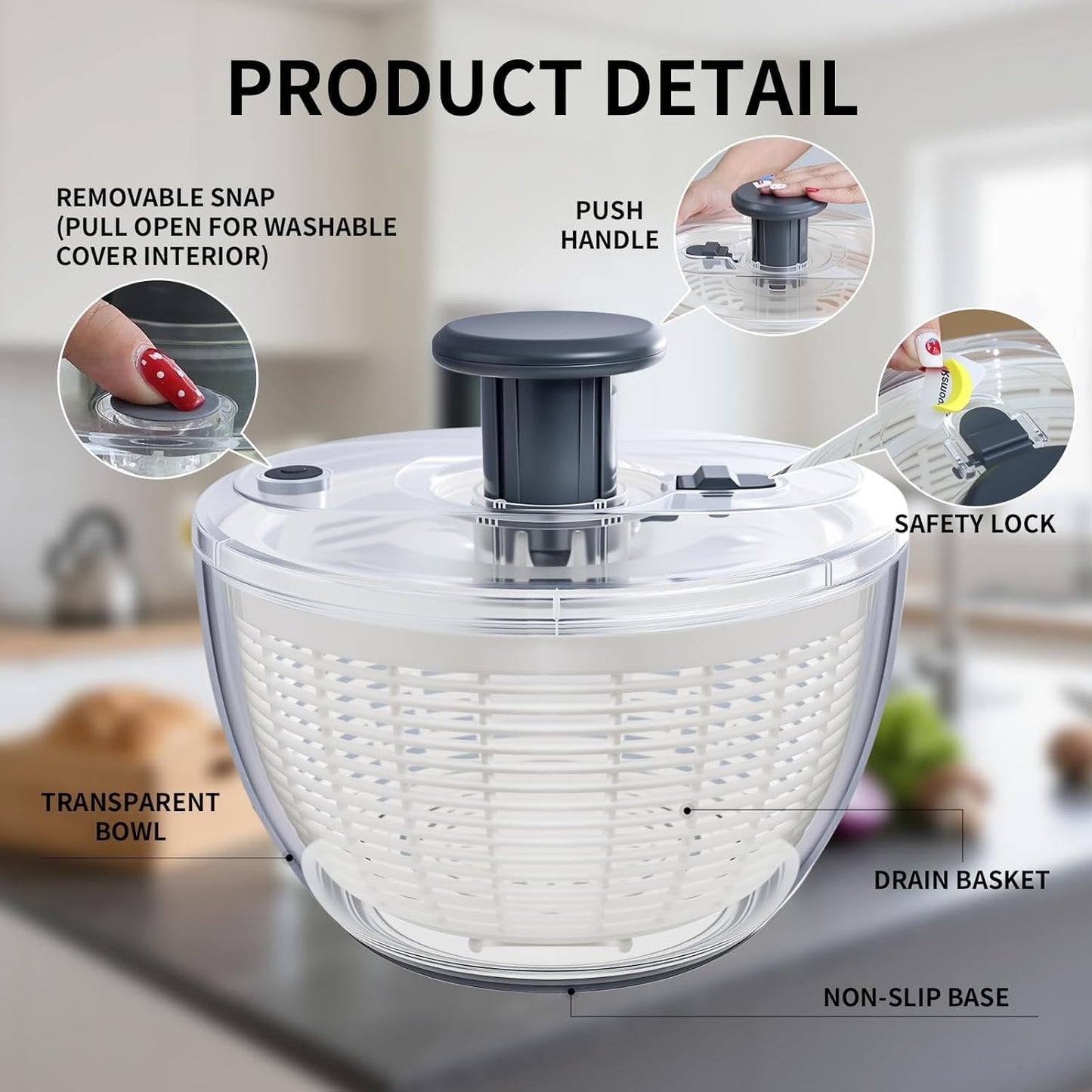 3.6L Salad Spinner, Vegetable Fruit Spinner – Compact Push & Spin Cleaner and Dryer with One-Button Stop, Clear Space-Saving Design for Greens, Herbs, Vegetables