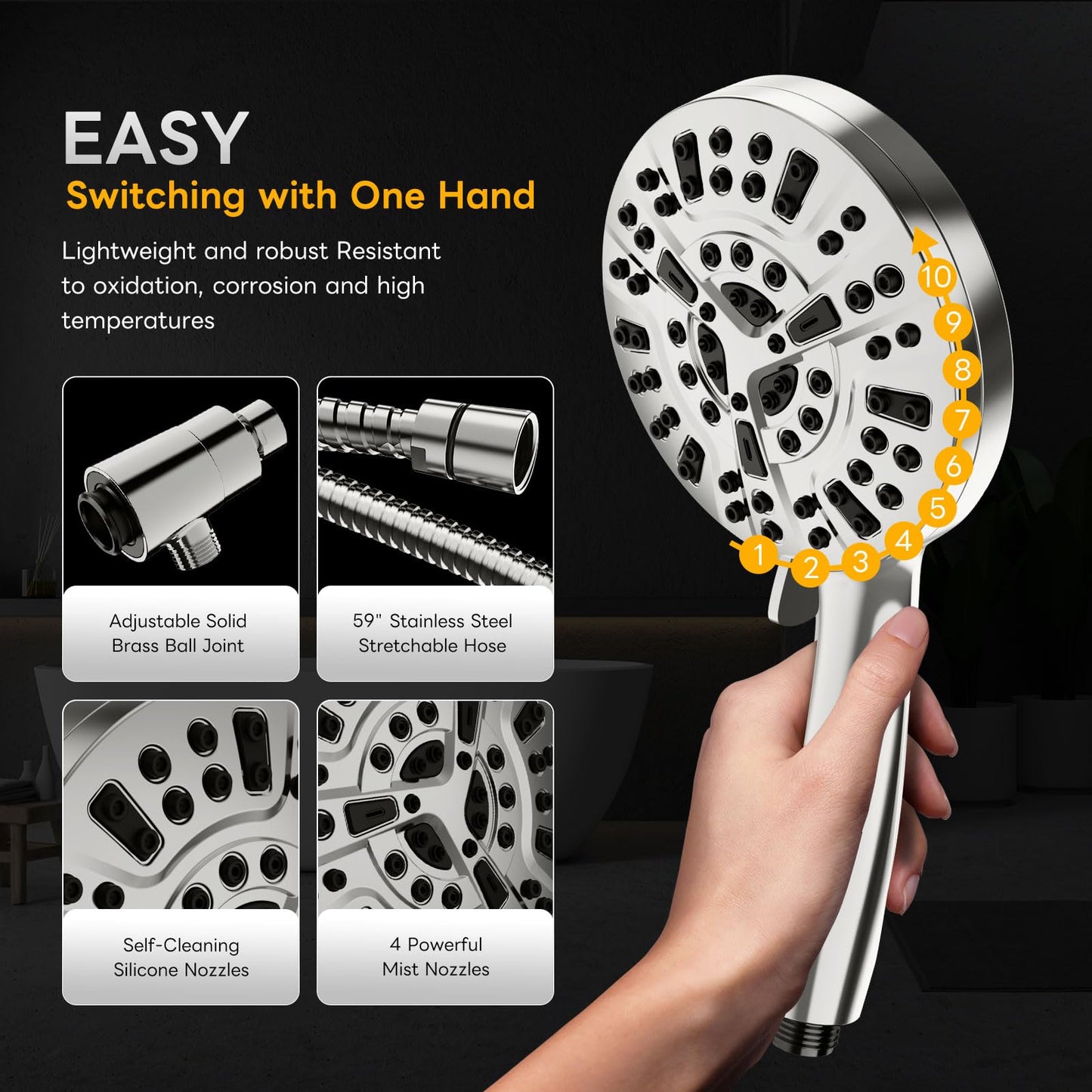 High Pressure 10 Ways Handheld Shower Head Brushed Nickel- Anti-Clog Nozzles,Wall & Overhead Brackets,Magnetitc Rainfall Shower Wand,Built-in 2 Power Jet (Brushed Nickel)