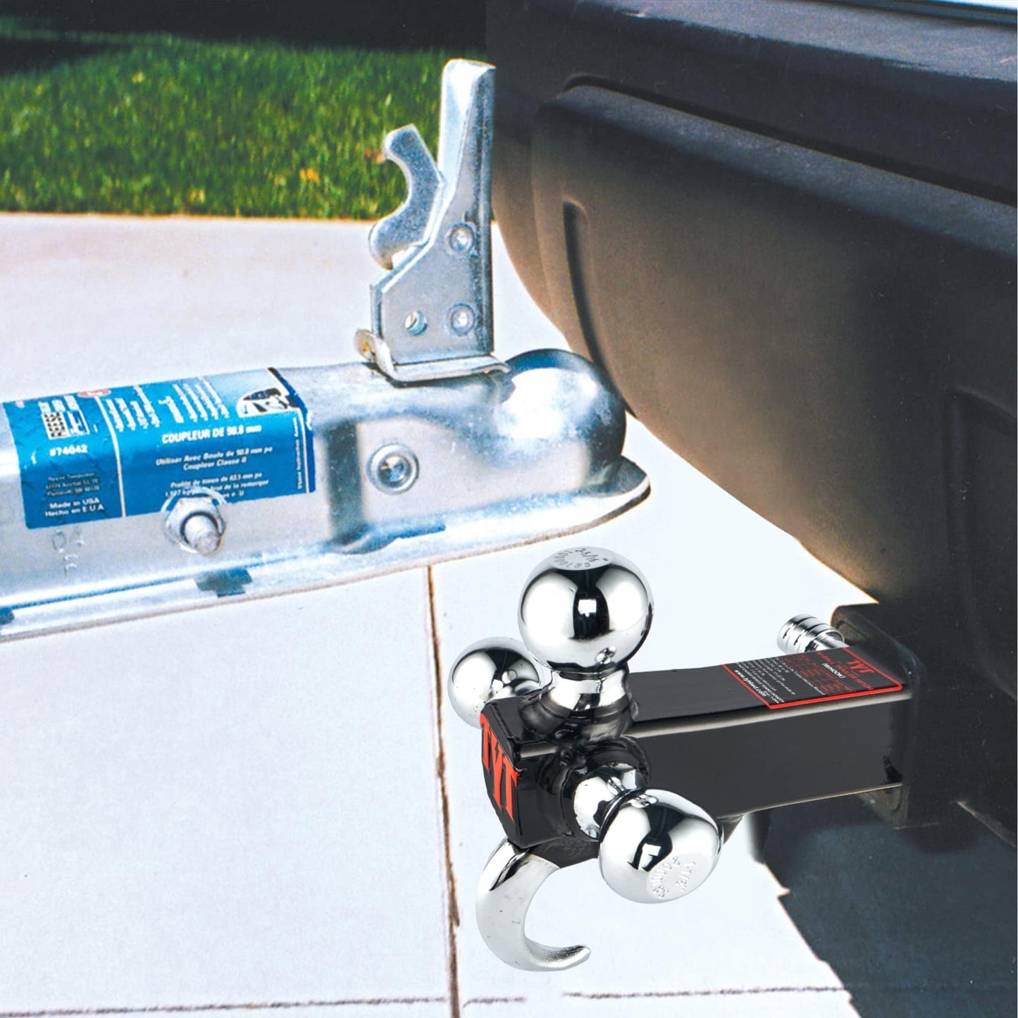TYT Trailer Hitch Tri Ball Mount with Tow Hook,Fits 2 inch Receiver,Triple Balls (1-7/8", 2", 2-5/16"),10,000 lbs GTW,1,000 lbs TW,with Hitch pin
