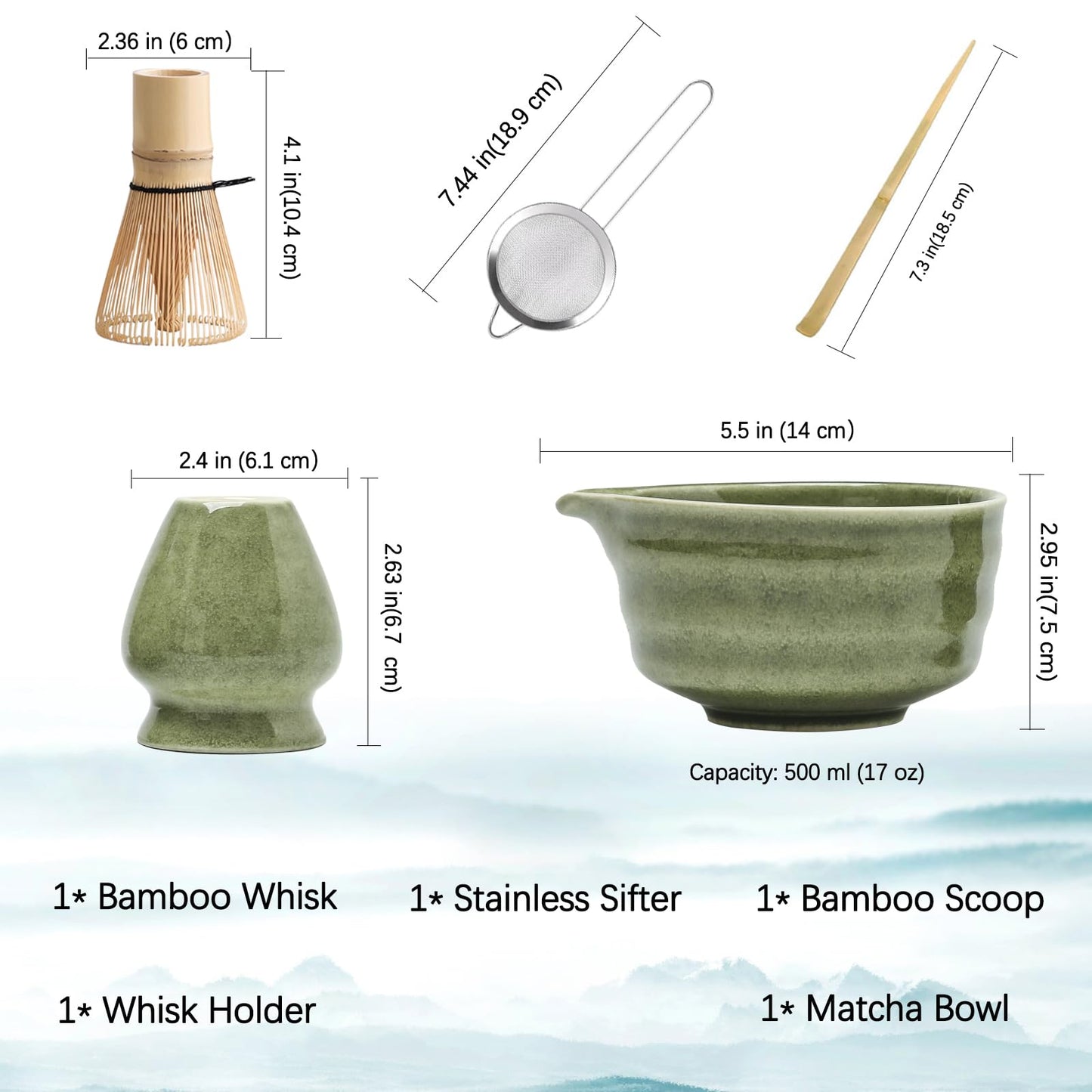 Buucup Matcha Whisk Set, Matcha Bowl with Spout, Matcha Whisk and Holder, Bamboo Matcha Scoop and Stainless Sifter - 5 Pcs Jade Green Matcha Kit for Matcha Lover