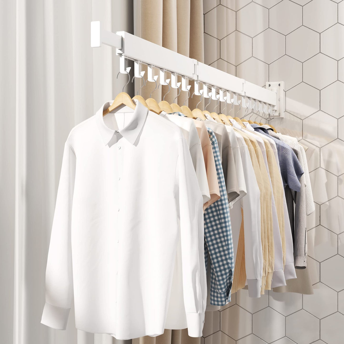 Clothes Drying Rack,Wall Mounted Drying Rack,Drying Rack Clothing,Laundry Drying Rack,Clothes Hanging Rack,Laundry Rack Wall Mount,Retractable,Collapsible Drying Rack Clothing (J Shape Hooks，White