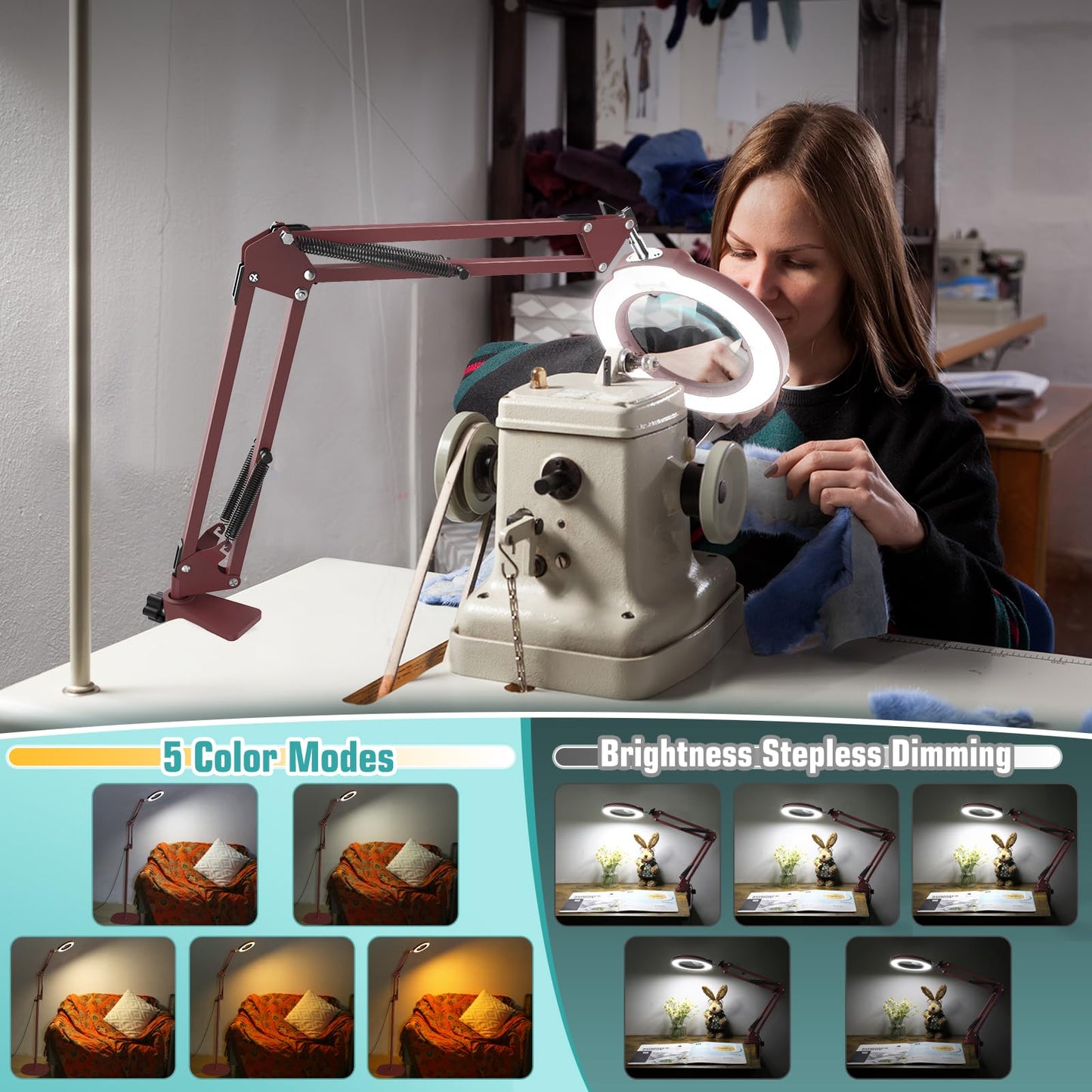 10X Magnifying Glass with Light and Stand, 3-in-1 Adjustable Swivel Arm LED Magnifying Floor Lamp, 5 Color Modes Brightness Stepless Dimming Lighted Magnifier Hands Free with Clamp for Crafts - Red