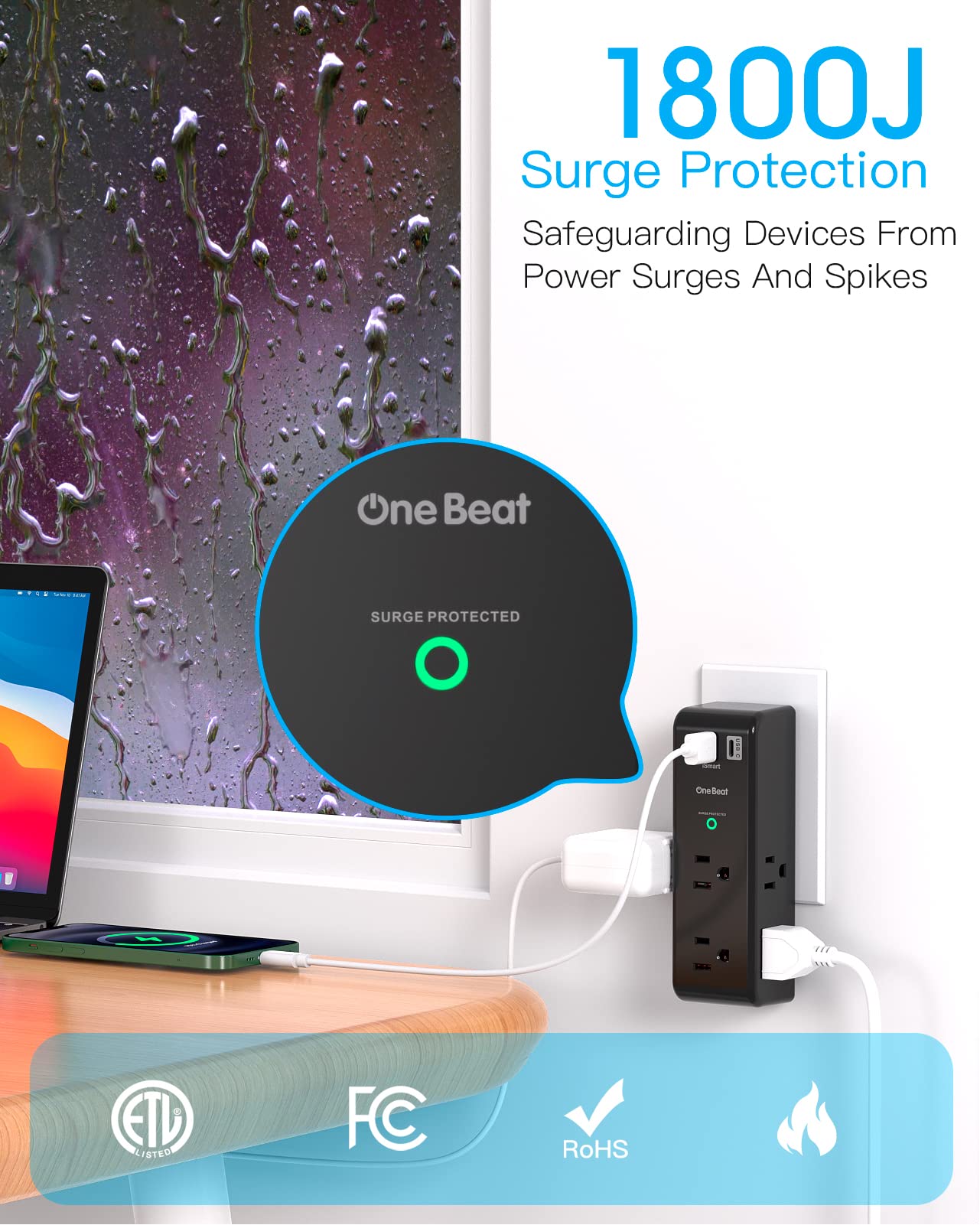 2 Pack Surge Protector Outlet Extender with Rotating Plug, 6 AC Multi Plug with 3 USB Ports (1 USB C), 1800 J, 3-Sided Swivel Power Strip with Spaced Splitter for Dorm Office, Black