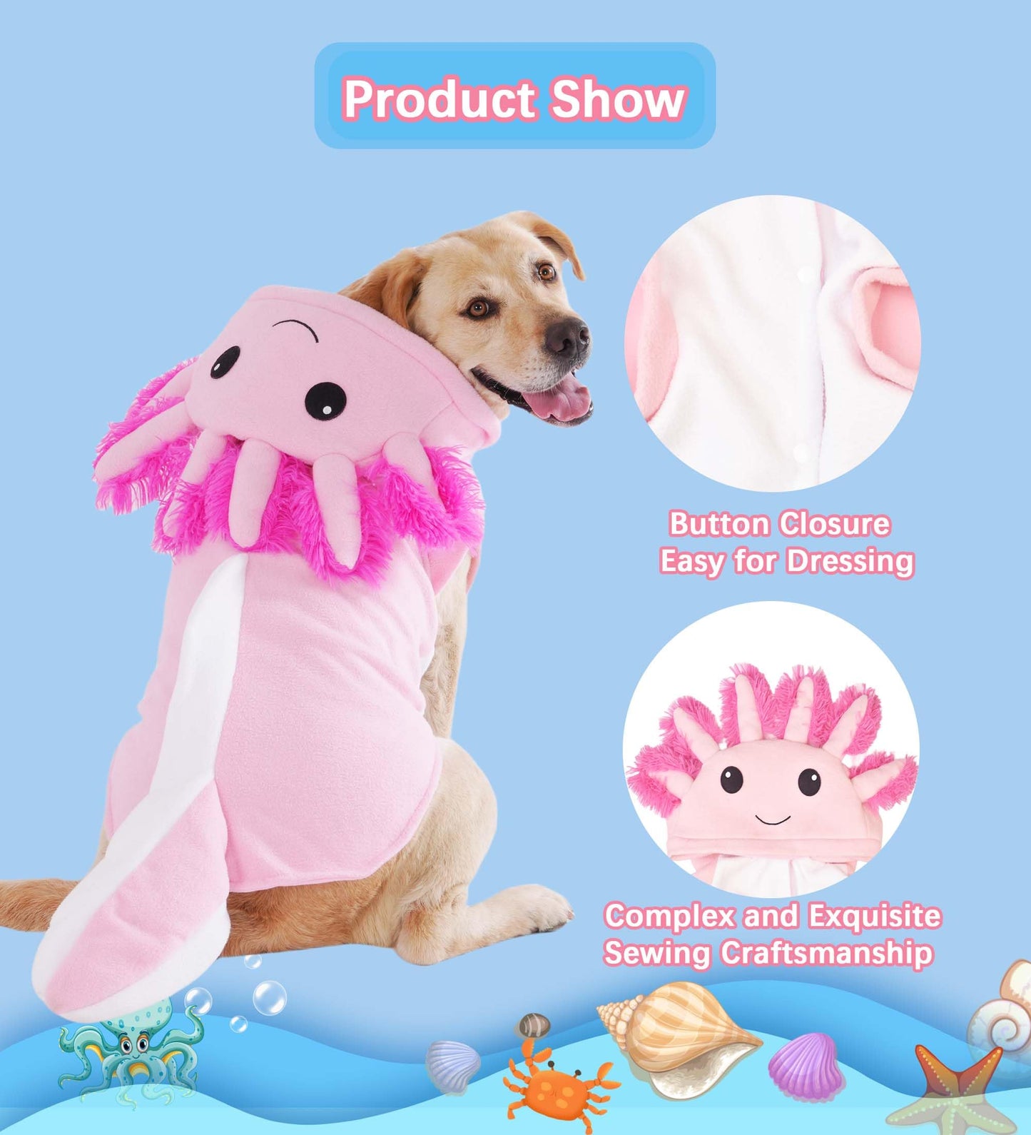 FLAdorepet Axolotl Dog Costume,Pet Halloween Animal Fish Costume Outfits for Medium Large Dogs,Winter Puppy Hoodie Pajamas Funny Clothes for Great Dane Labrador Bulldog,7XL