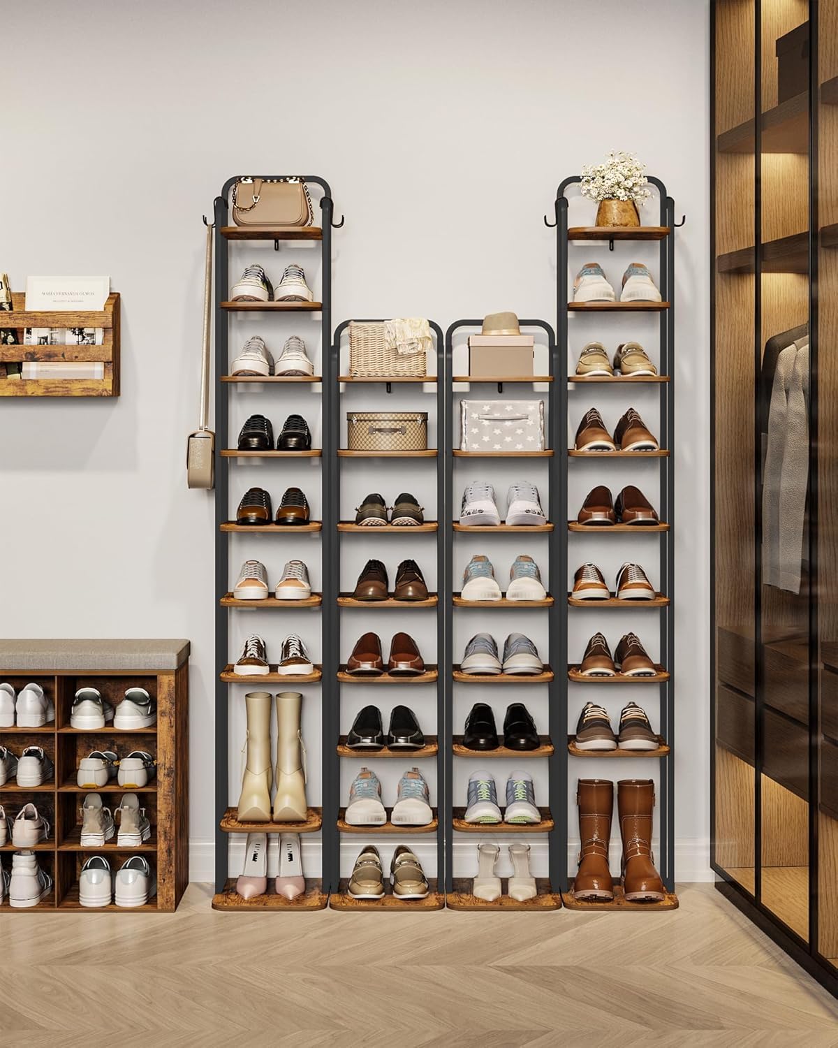 Hzuaneri 10 Tiers Vertical Shoe Rack, Narrow Shoe Tower, Tall Shoes Shelf with 2 Hooks, Adjustable Shelves, Corner Shoes Shelves for Small Spaces, Entryway, Living Room, Rustic Brown SR11201B