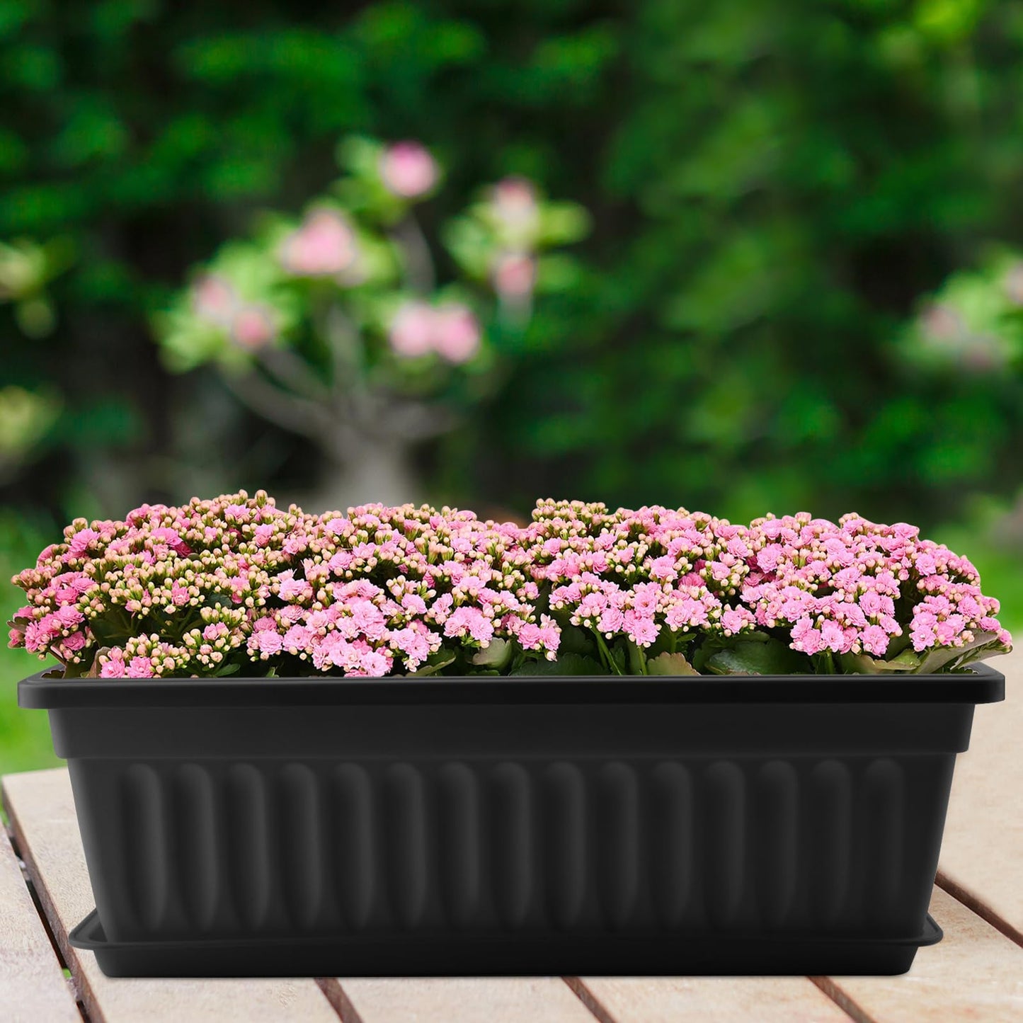 MOUYAT 6 Pcs Black Flower Window Box Planters, 17 x 7.5 x 5.5 Inch Plastic Vegetable Rectangular Flower Plant Pot with Trays and 30 Plant Labels for Garden, Windowsill, Patio, Balcony