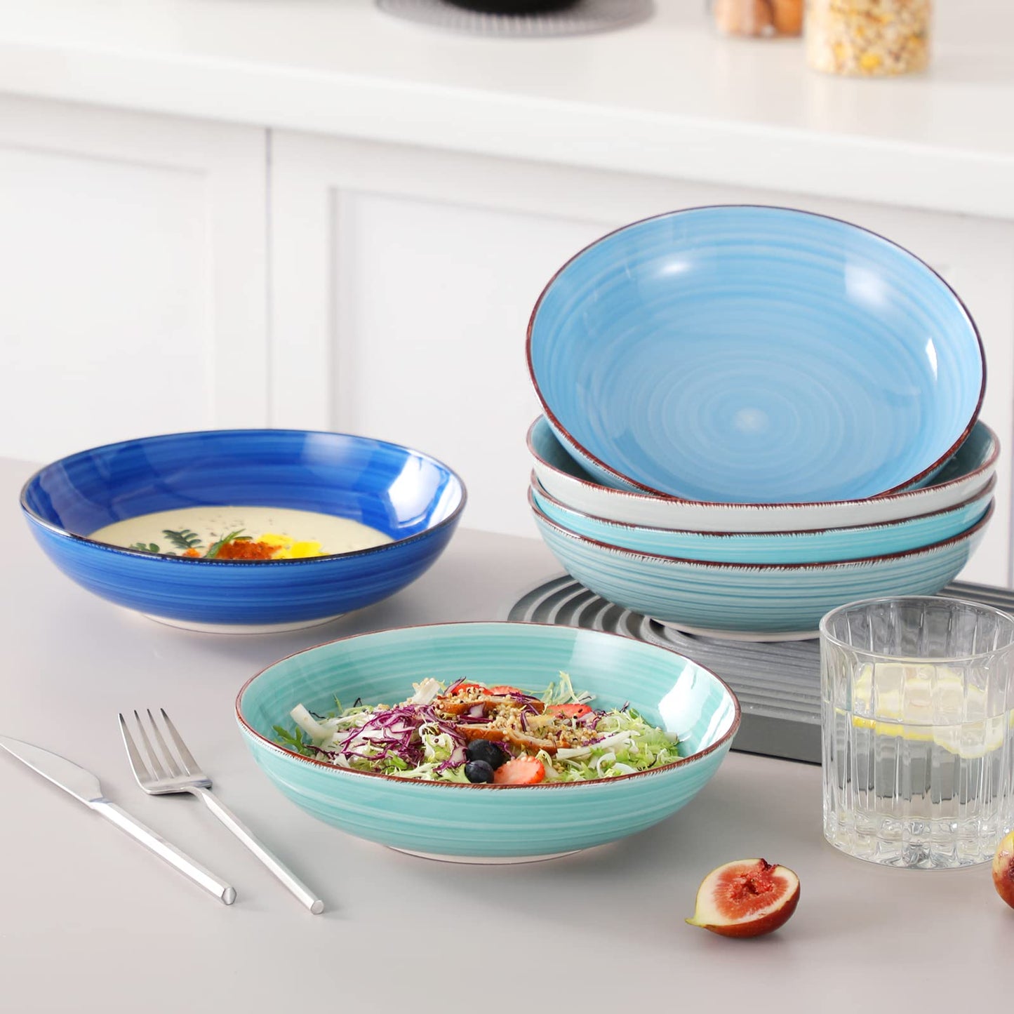 vancasso Bonita Pasta Bowls 38 oz, Large Ceramic Salad Bowls, Pasta Bowl Set of 6, Microwave & Dishwasher Safe Soup Bowls, Serving Bowls, Blue Bowl Set