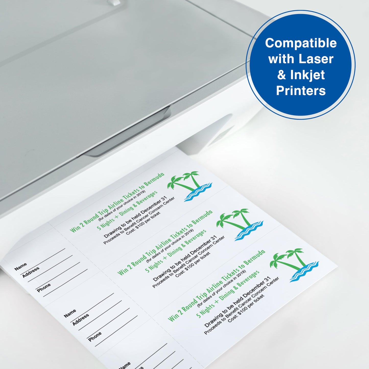 PrintWorks Printable Raffle Tickets with Tear-Away Stubs for Events & Fundraisers - 1000 Custom Tickets (Size 2.75" x 8.5") - 4 per Sheet - 250 Sheets (8.5" x 11") - Made in the USA - White (04295)