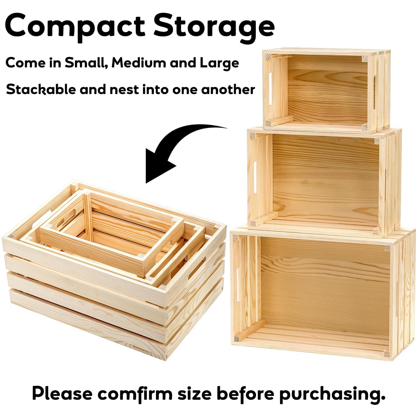 YOUEON Set of 3 Rustic Wooden Nesting Crates with Handles, Decorative Wooden Crates, Crate Box Wooden Storage Box for Kitchen, Office, Bedroom, Closet, Rustic Country Decor