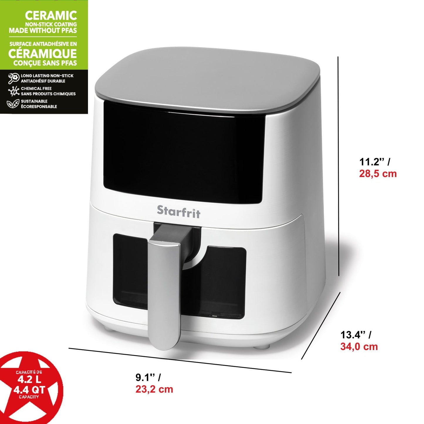 Starfrit Electric Digital Air Fryer - 4.2L Capacity - Ceramic Non-Stick Surface - 8 Preset Functions - Viewing Window -1400W