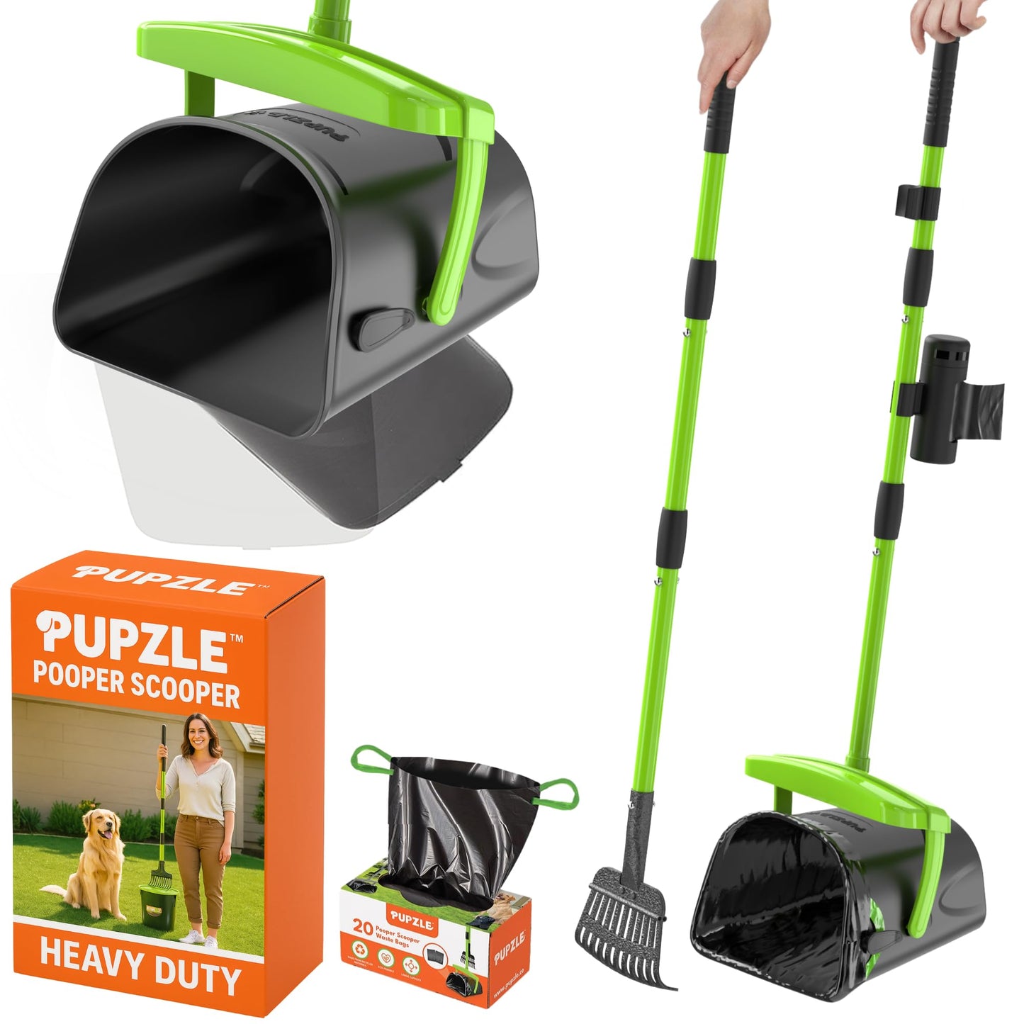 Pupzle Dog Pooper Scooper with Bag Attachment, 40" Long Handle Pooper Scooper for Large Dogs Heavy Duty, Metal Dog Poop Scoop for Yard, Large Capacity Bin and Rake with 25 Refill Bags for Dogs