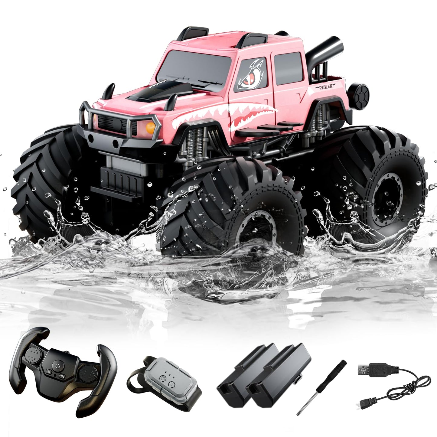 Amphibious Remote Control Car, Waterproof 360°Rotate 4WD RC Monster Trucks,2.4GHz All Terrain Off-Road Pickup Toy,RC Car Pool Toys Remote Control Boat for Gifts for Boys Kids Age 8-12+ (Pink)