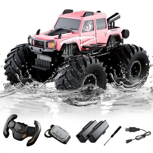 Amphibious Remote Control Car, Waterproof 360°Rotate 4WD RC Monster Trucks,2.4GHz All Terrain Off-Road Pickup Toy,RC Car Pool Toys Remote Control Boat for Gifts for Boys Kids Age 8-12+ (Pink)