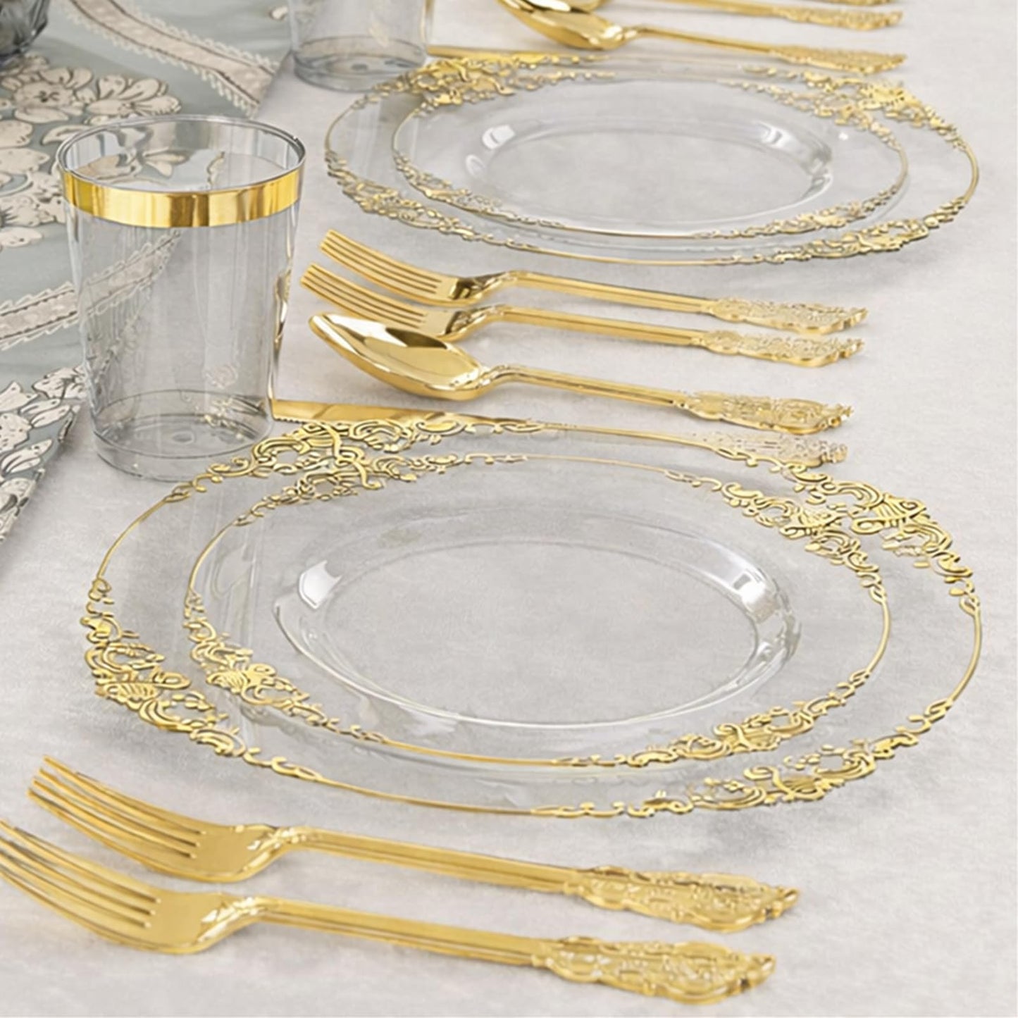 51 Set Clear Plastic Plates with Gold Rim, 10 Inch Dinner Plates and 7.5 Inch Dessert Plates for Wedding, Christmas, Shower, Gathering