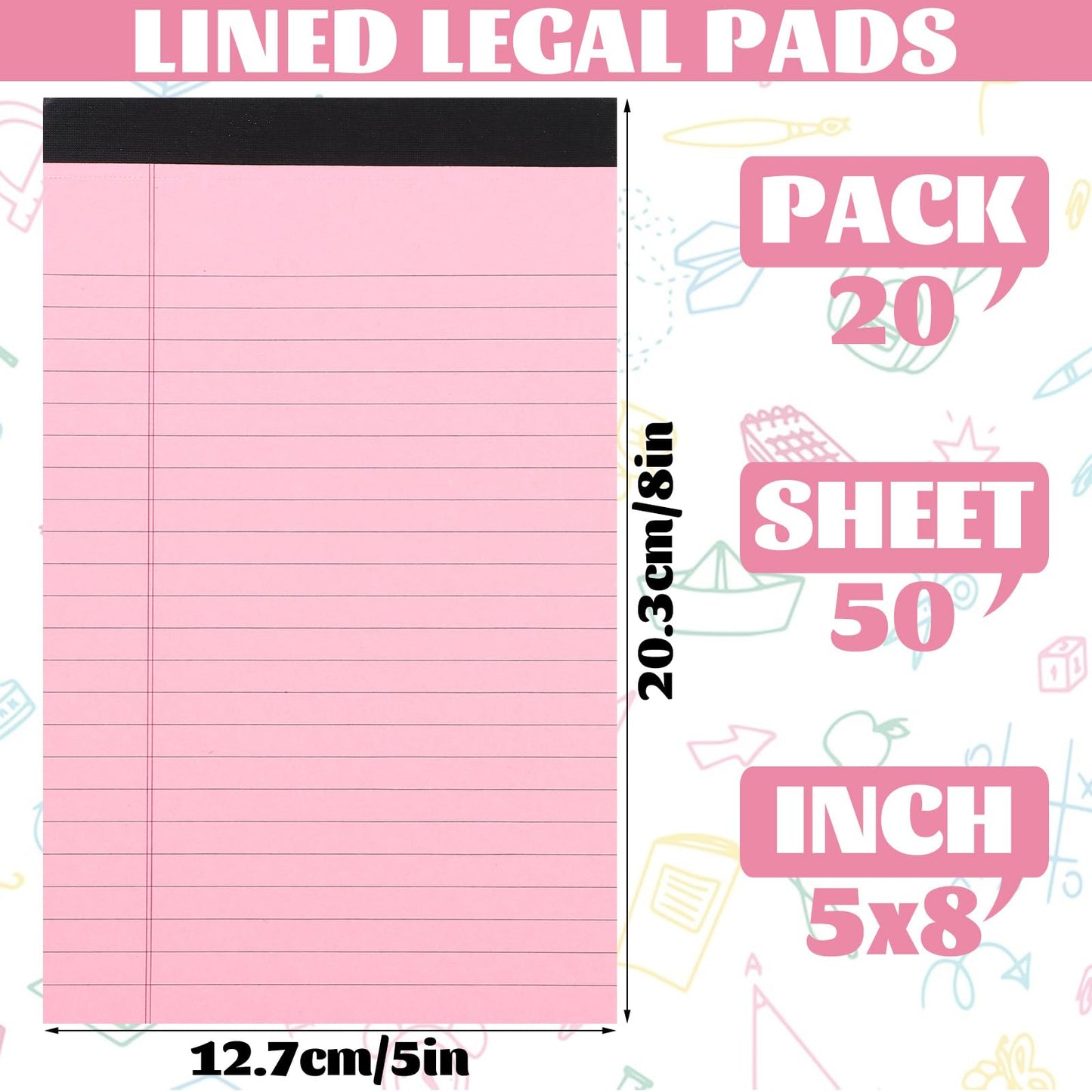 Note Pads 5x8, 20 Pack Notepads 5x8 Legal Pads, Lined Paper Pad of Paper 5x8 Notepad, Small Legal Pads 5x8 Paper Pads For Home, Office, School, Business, 50 Sheets/Pad