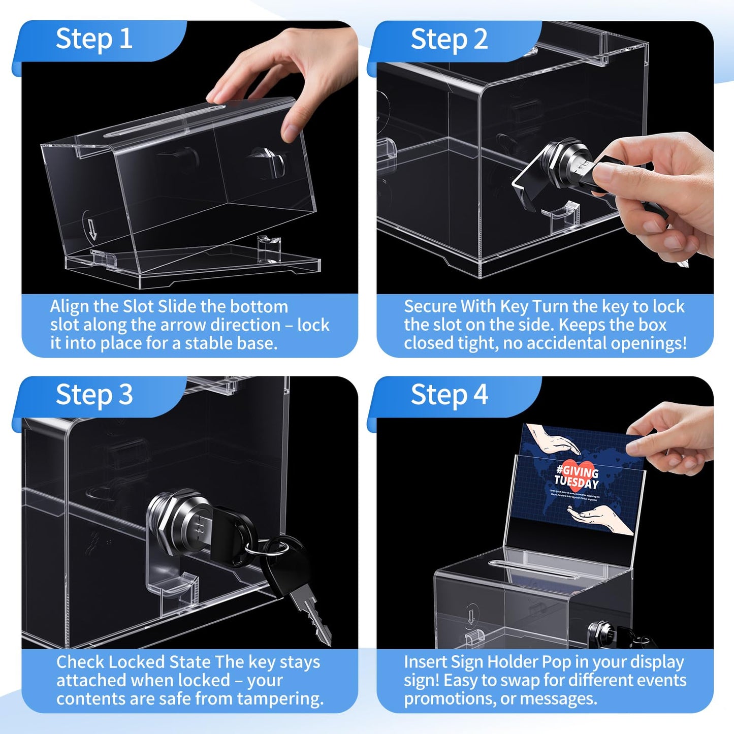 VZZNN 4 Pack Clear Acrylic Donation Containers with Lock and Sign Holder, 6.1 x 4.6 x 3.9 Inch Ballot Box, Raffle Ticket Box, Tip, and Suggestion Collection for Fundraising and Events