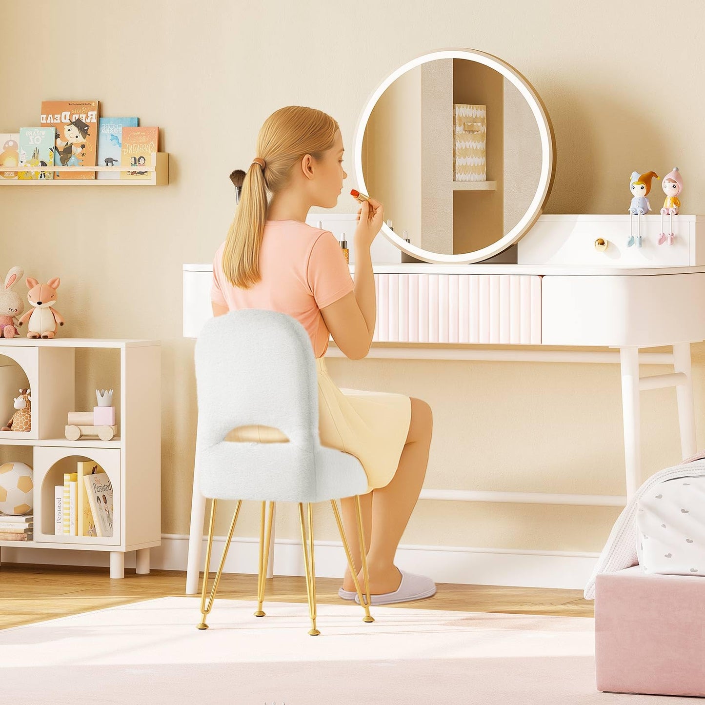 Greenstell Vanity Stool Chair with Storage and Folding Back, 13.4" L x15 W x 30.0" H Square Soft Ottoman, 4 Metal Legs with Anti-Slip Feet, Furry Padded Seat for Makeup, Bedroom, White