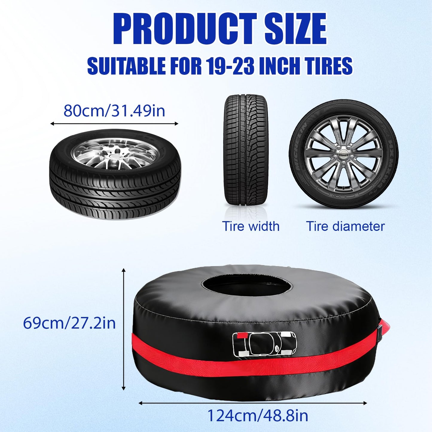 LOMGDOVC 4 Pack Polyester Tire Covers, Waterproof Dustproof Wheel Storage Bags with Handle, Protective Spare Tire Cover & Organizer Fit for 19"-23" Tires,Black Red