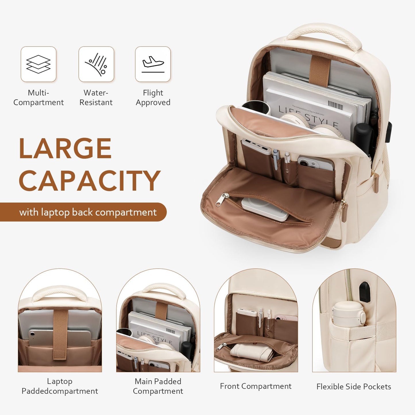 MDODO Laptop Backpack for Women,Travel Backpack with Laptop Compartment,Casual Daypack College Bookbag Computer Work Backpack,15.6Inch, Beige