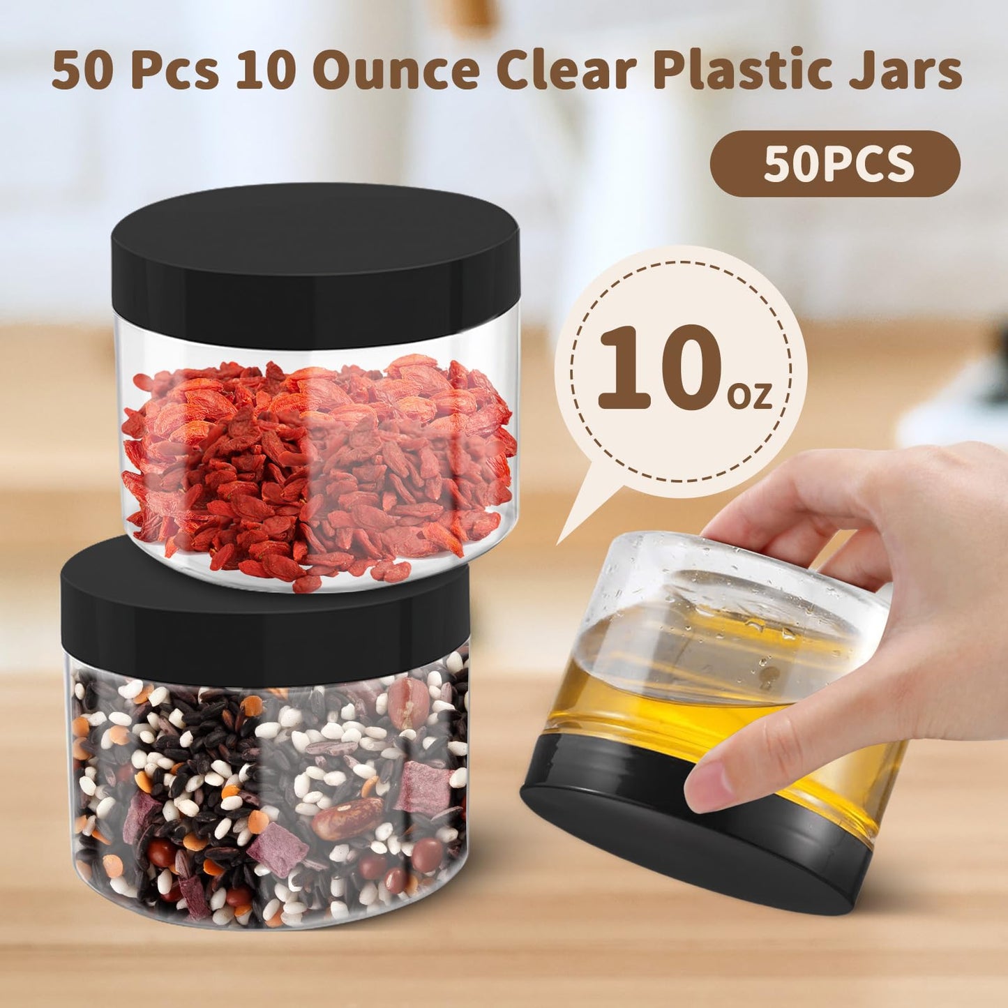 ZISDHNEO 50 Pcs 10 Oz Plastic Jars with Lids Containers Storage Airtight Wide Mouth Food Jar Clear Cylinder Container for Grocery Kitchen Dry Food Butter Honey