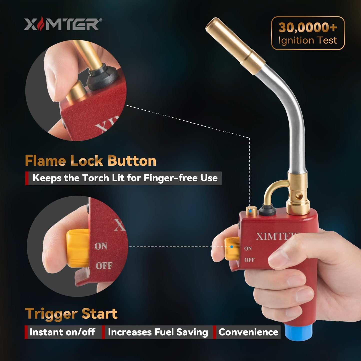 Ximter MAPP Propane Torch Head - Durable Cast Aluminum Body MAP Gas Torch, Fast Self-Ignition & Adjustable Swirl Flame, for Welding Brazing Lighting Melting HAVC DIYer