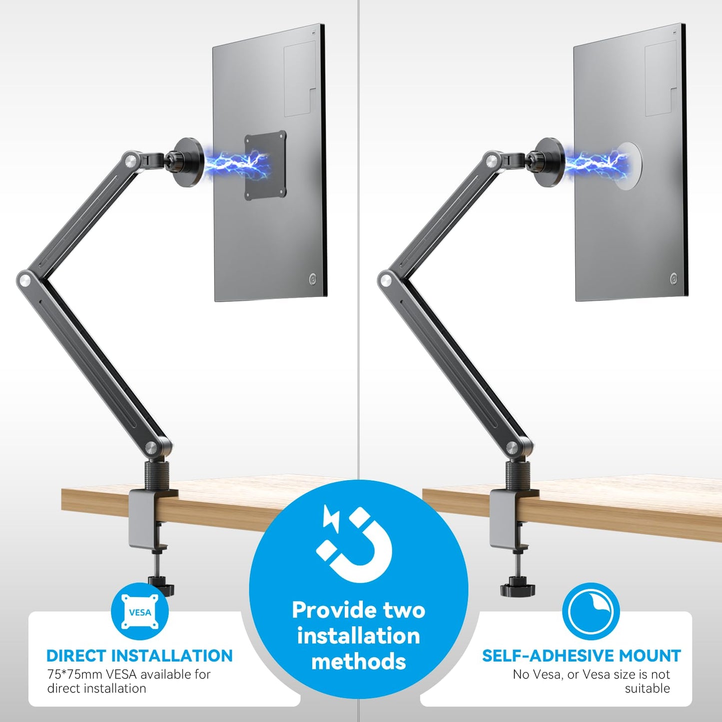Jakeko Magnetic Portable Monitor Holder Arm - Heavy Duty Solid Aluminum 75mm VESA Mount Desk Clamp 8.3" 12.9" 15.6" 16" 17.3" 18.5 inch 360° Swivel Base with Cable Clips