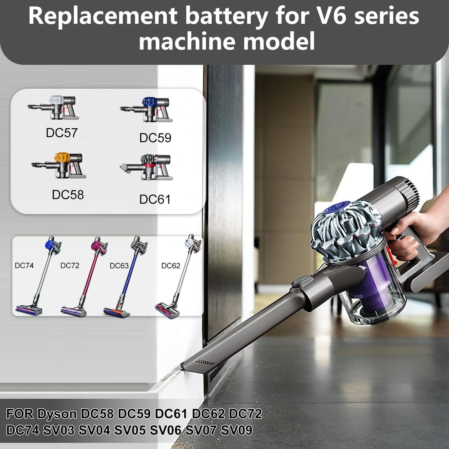 Powilling 21.6V 6.0Ah Battery for Dyson V6 Li-ion Battery 595 650 770 880 DC58 DC59 DC61 DC62 Animal DC72 Series Handheld (Include Replacements Filter)