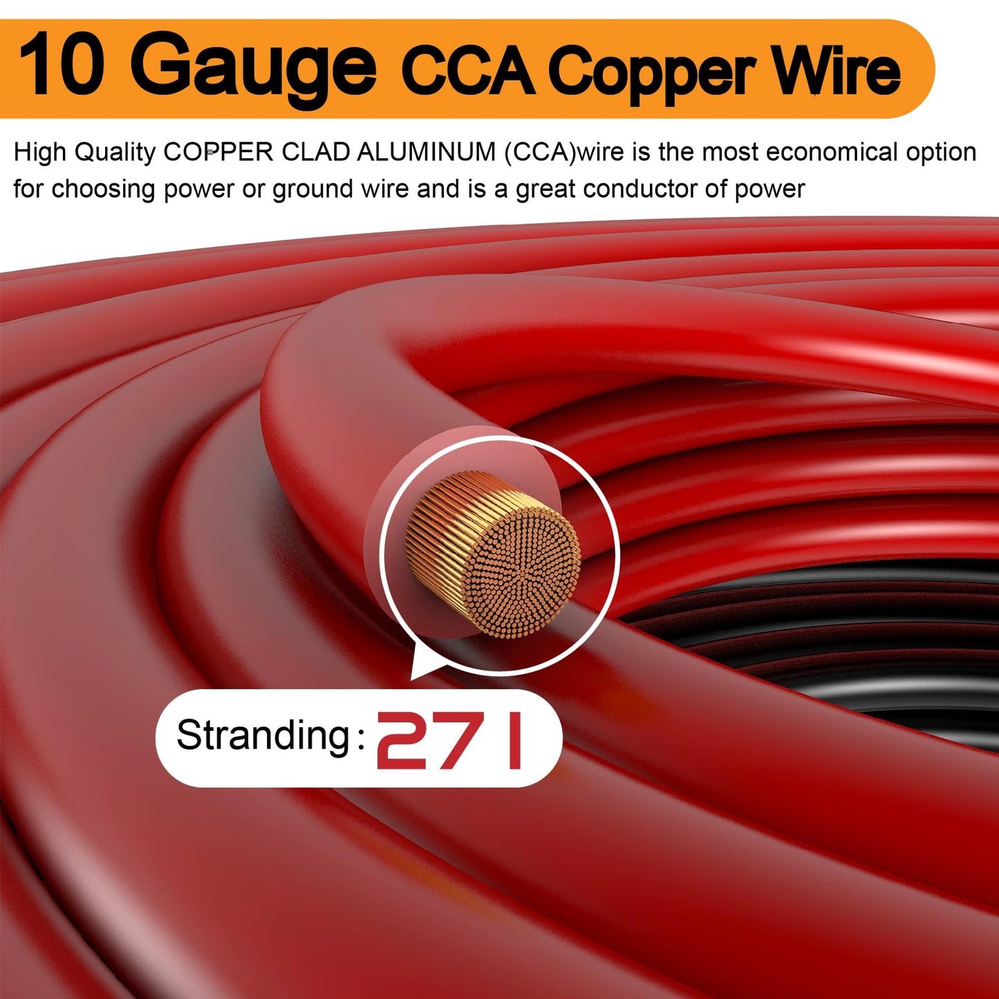 10 Gauge Wire (100ft Each- Black/Red) Copper Clad Aluminum CCA,20 pcs Lugs Terminal Connectors with 3:1 Heat Shrink Tube for Power/Auto,Amplifier,Ground Cable