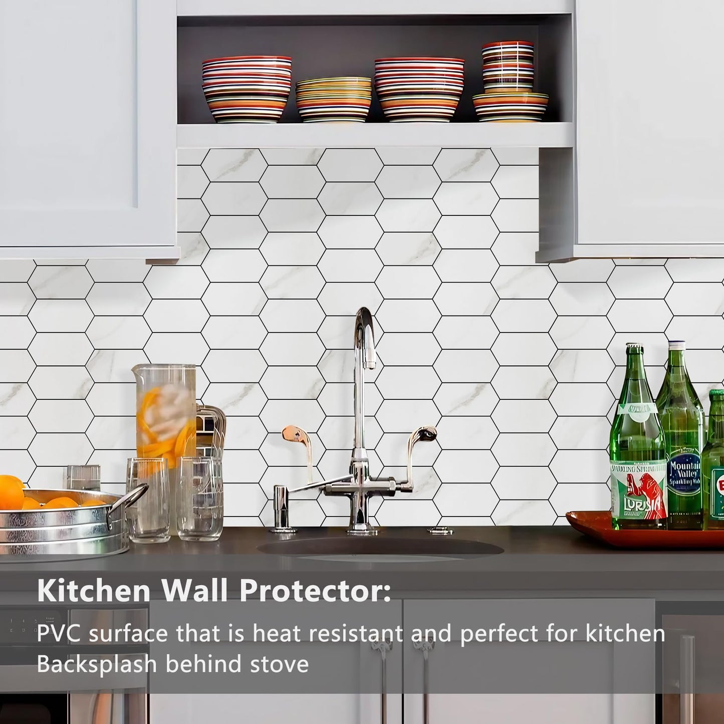 Vamos Tile Long Hexagon Peel and Stick Backsplash Tile - 10 Sheets Stick on Backsplash for Kitchen and Bathroom 12.4 x 12 Inch White Marble Look PVC Self Adhesive Mosaic Wall Tiles