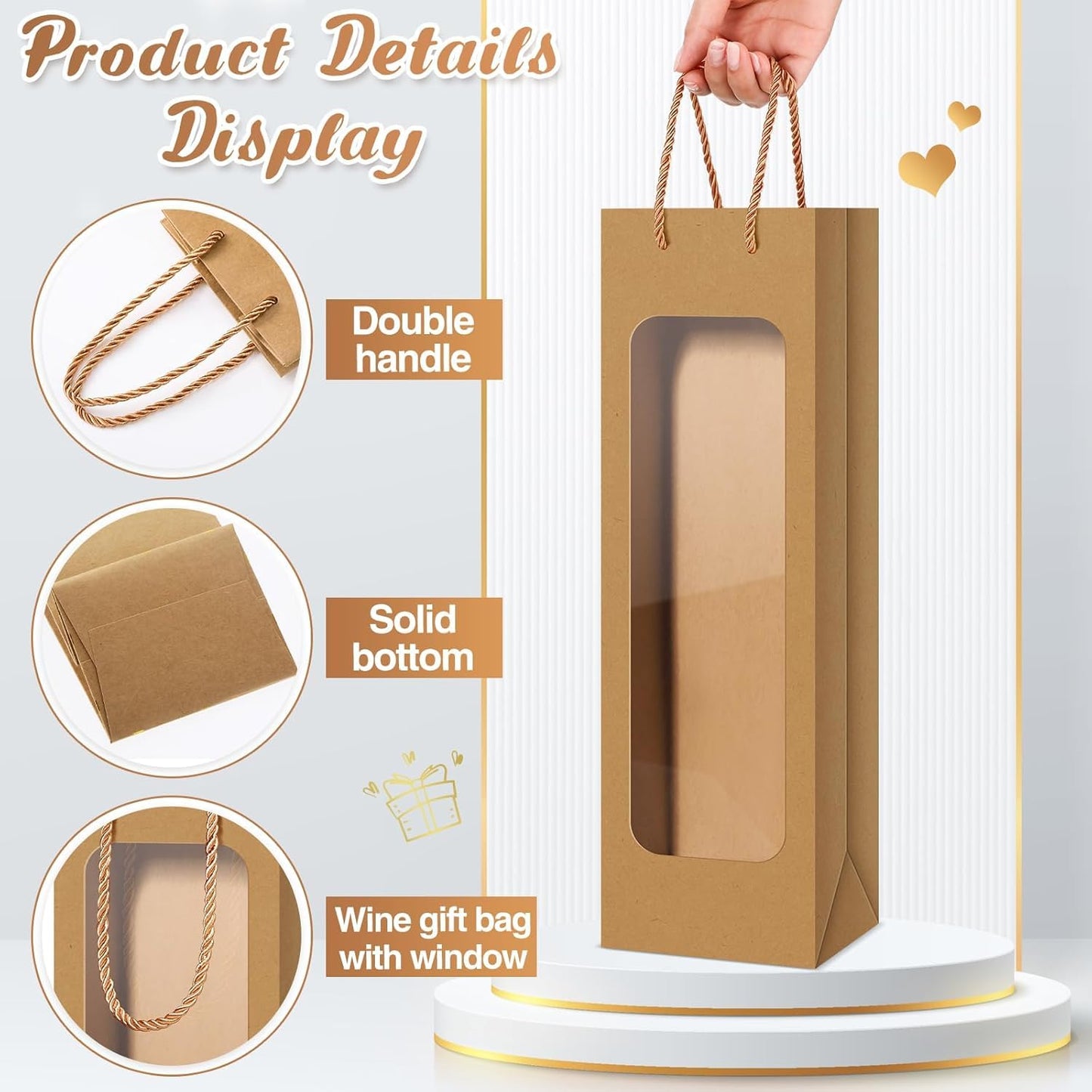 50 Pcs Clear Window Wine Gift Bags with Handles Flower Bulk for Mom New Year Holiday Birthday