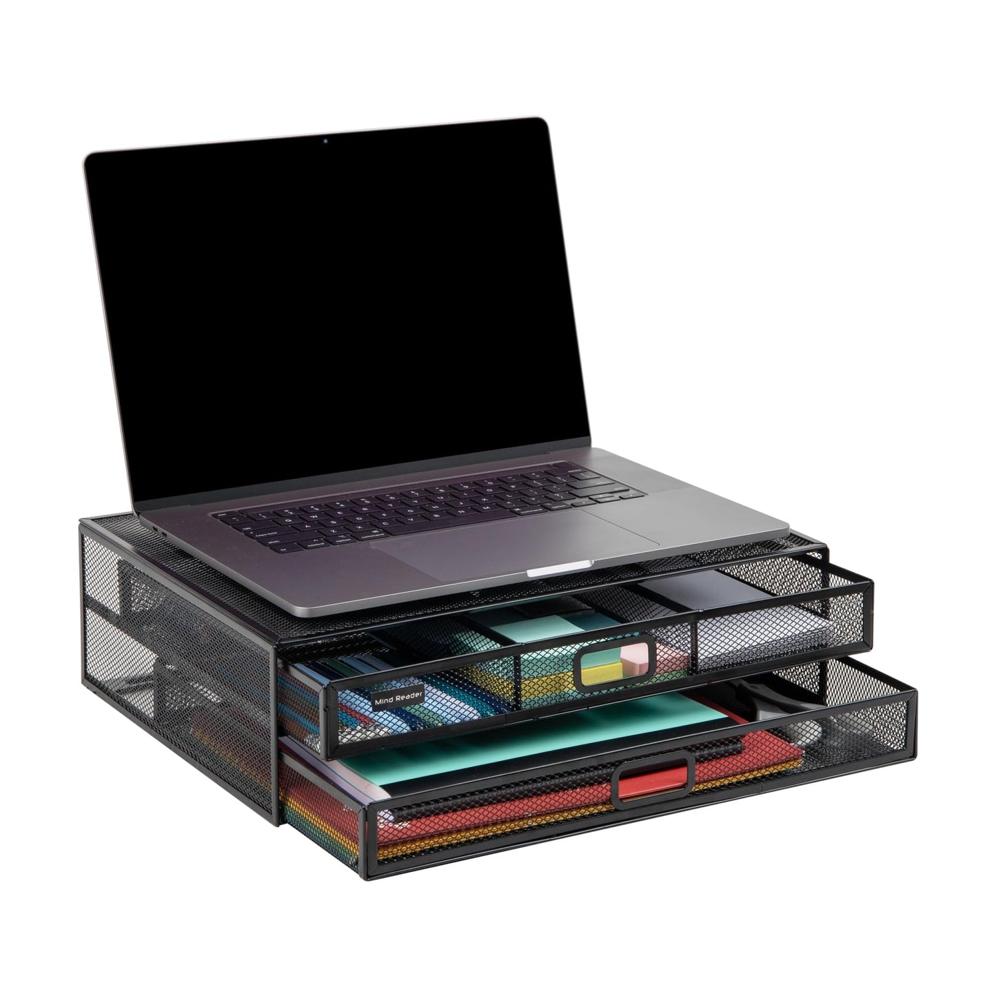 Mind Reader 2TDMESHY-BLK Metal Monitor Stand Riser with 2 Drawers, Desk Organizer, Holds PC, Laptop, Notebook, Printer and More, Black, 11.5 x 15.75 x 4.75